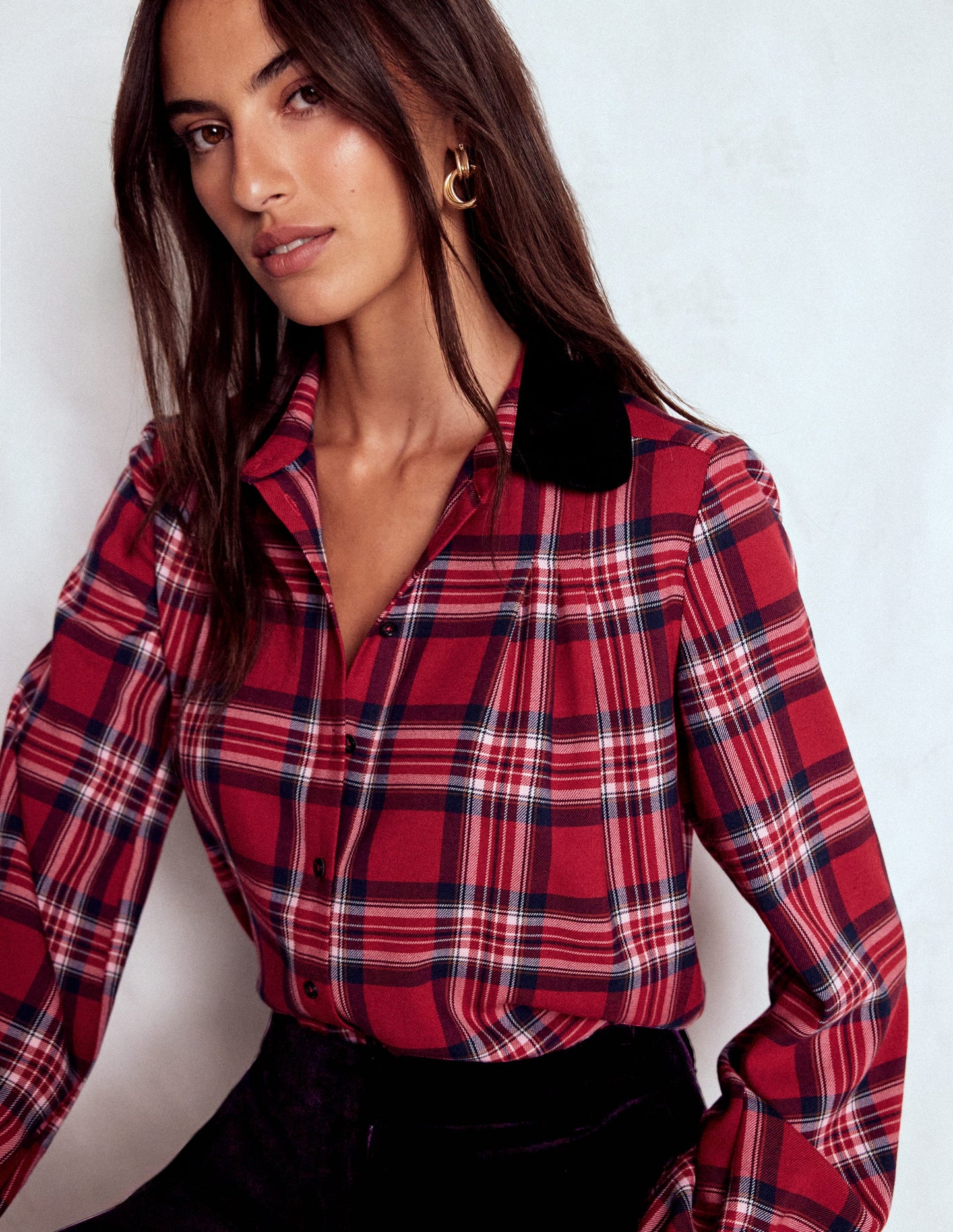 Velvet Collared Check Shirt-Red Check