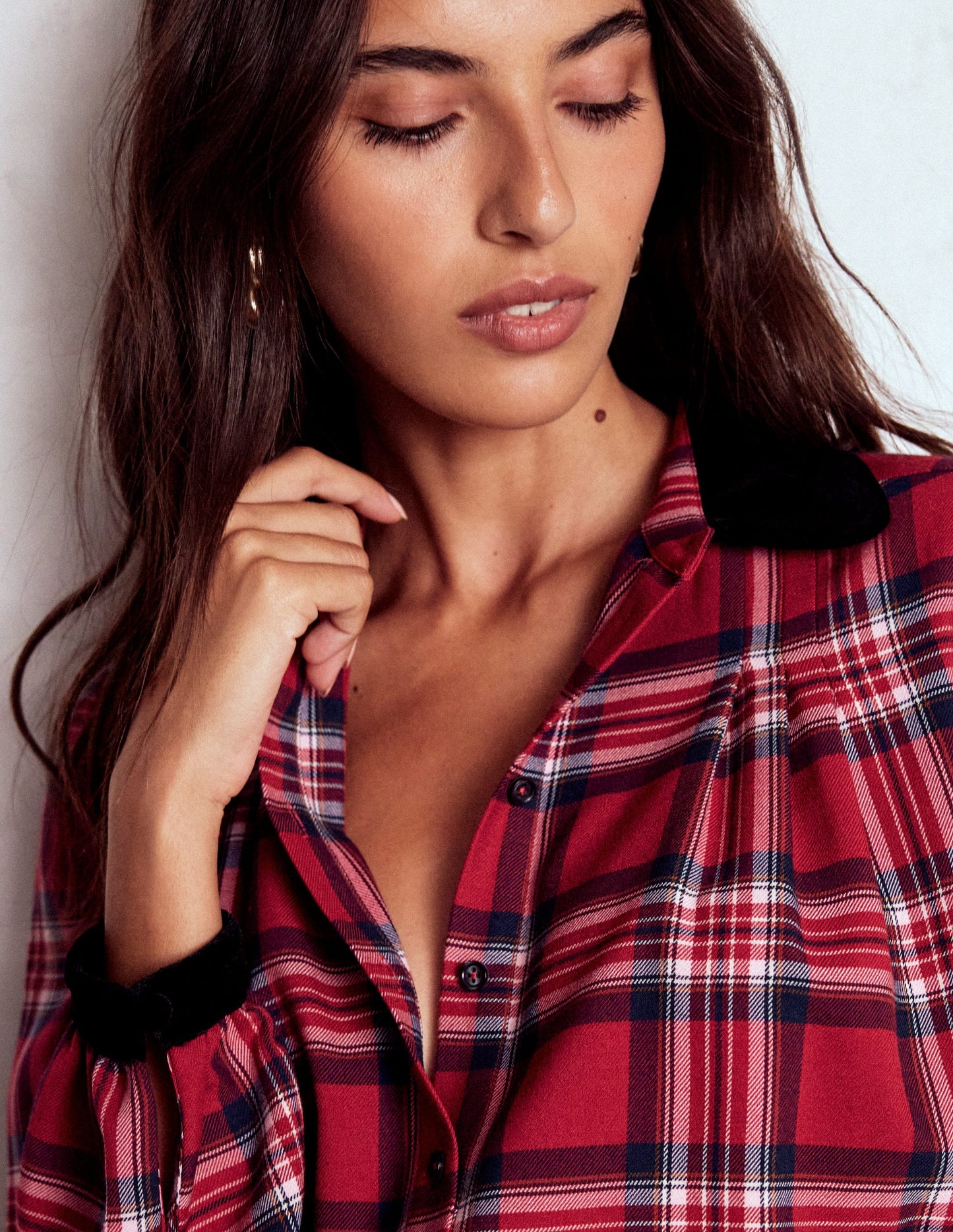 Velvet Collared Check Shirt-Red Check