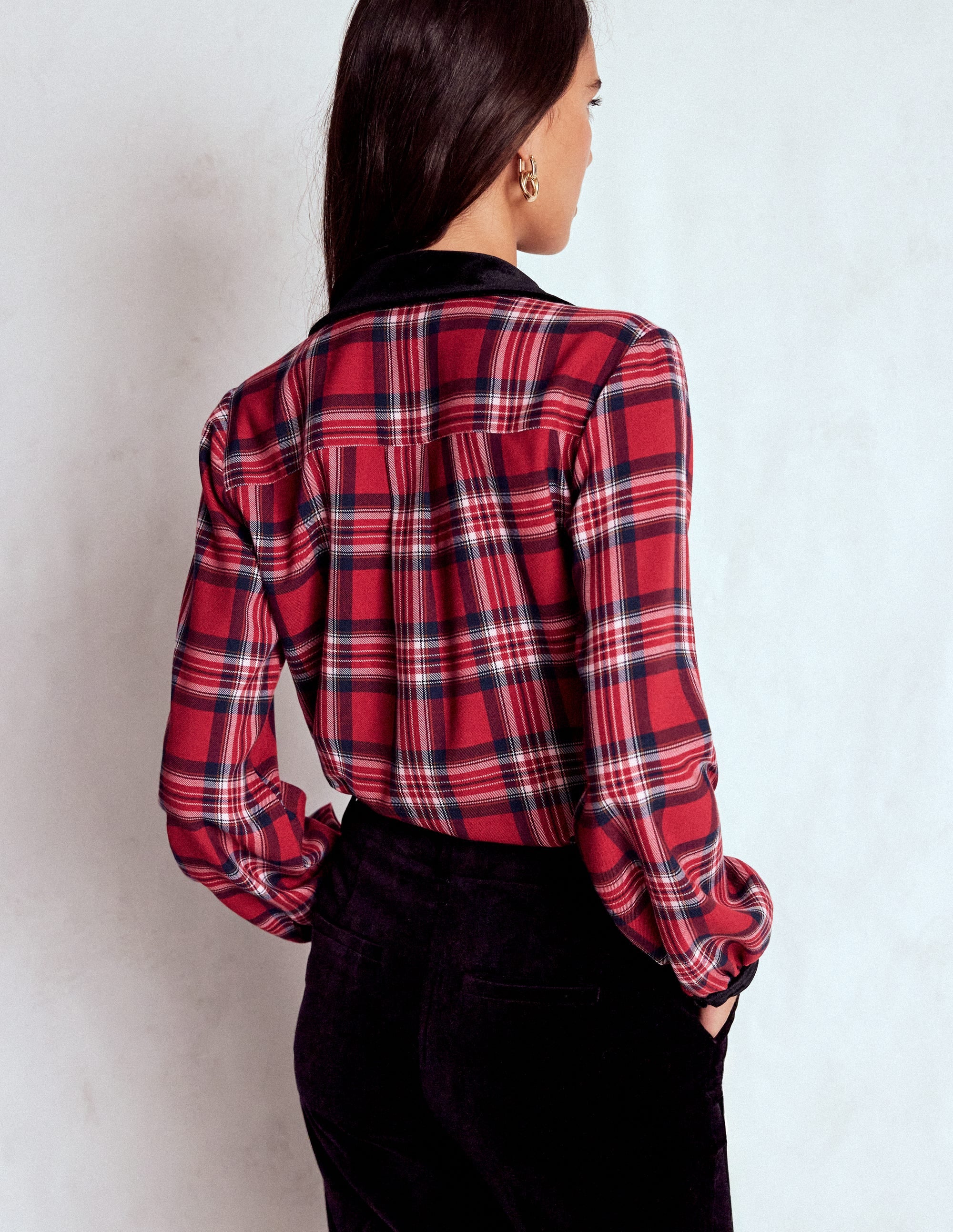 Velvet Collared Check Shirt-Red Check - Image 3