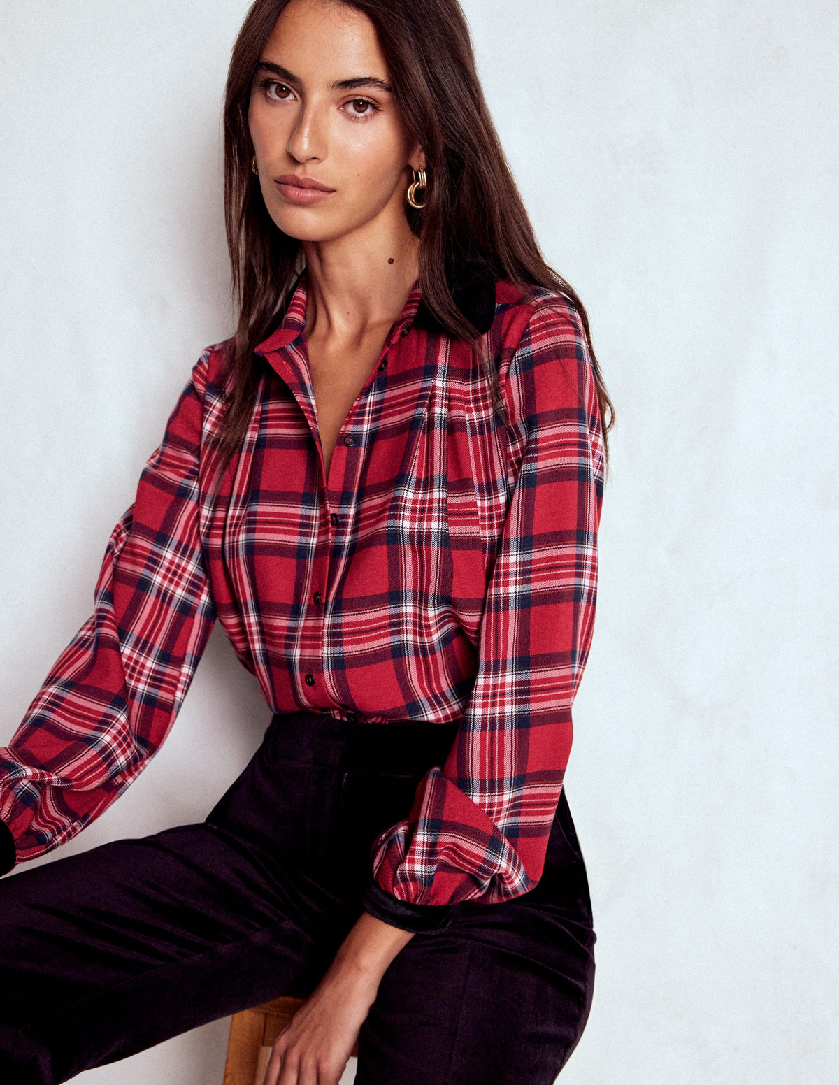 Velvet Collared Check Shirt-Red Check - Image 4
