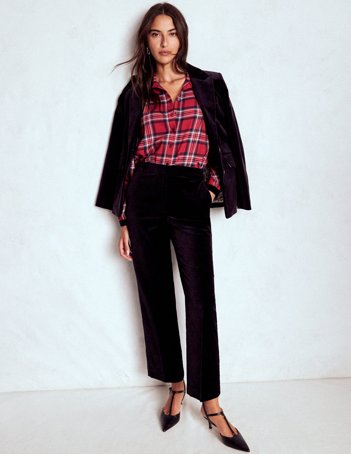 Velvet Collared Check Shirt-Red Check - Image 5