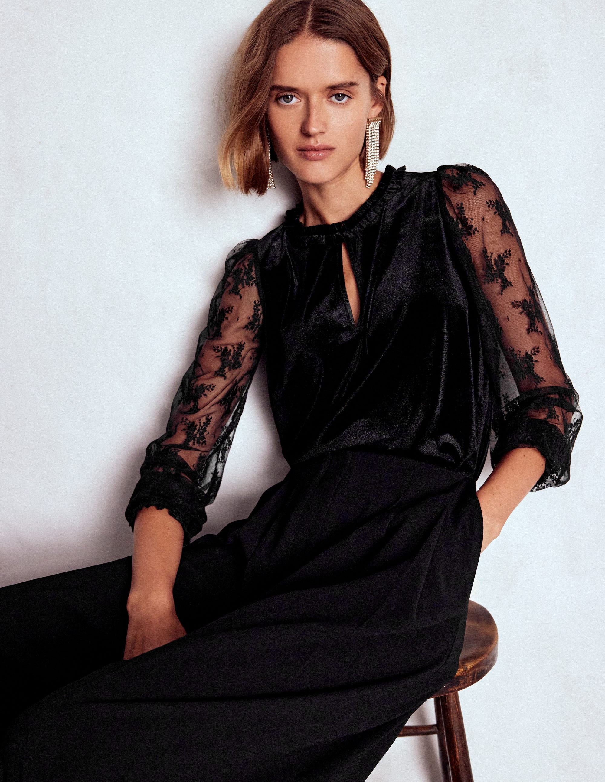 Mixed Media Puff Velvet Top-Black - Image 1