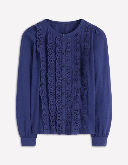 Broderie Ruffle Jersey Shirt-Starboard Blue-6