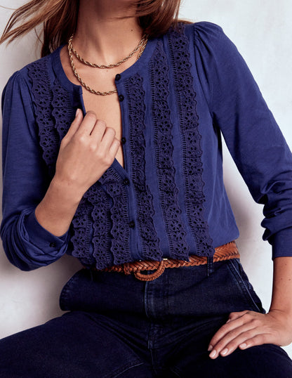 Broderie Ruffle Jersey Shirt-Starboard Blue-2