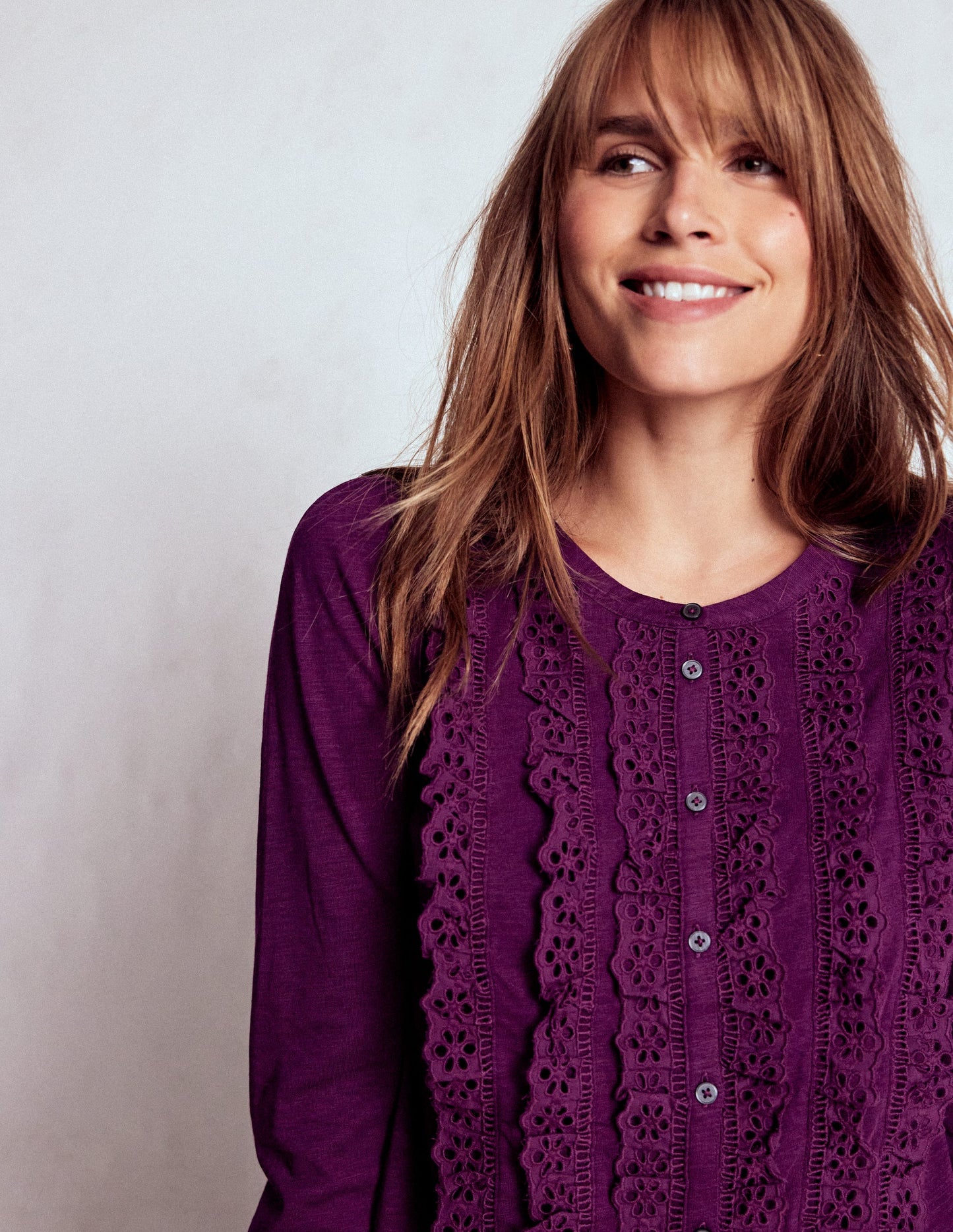 Broderie Ruffle Jersey Shirt-Plum Jam