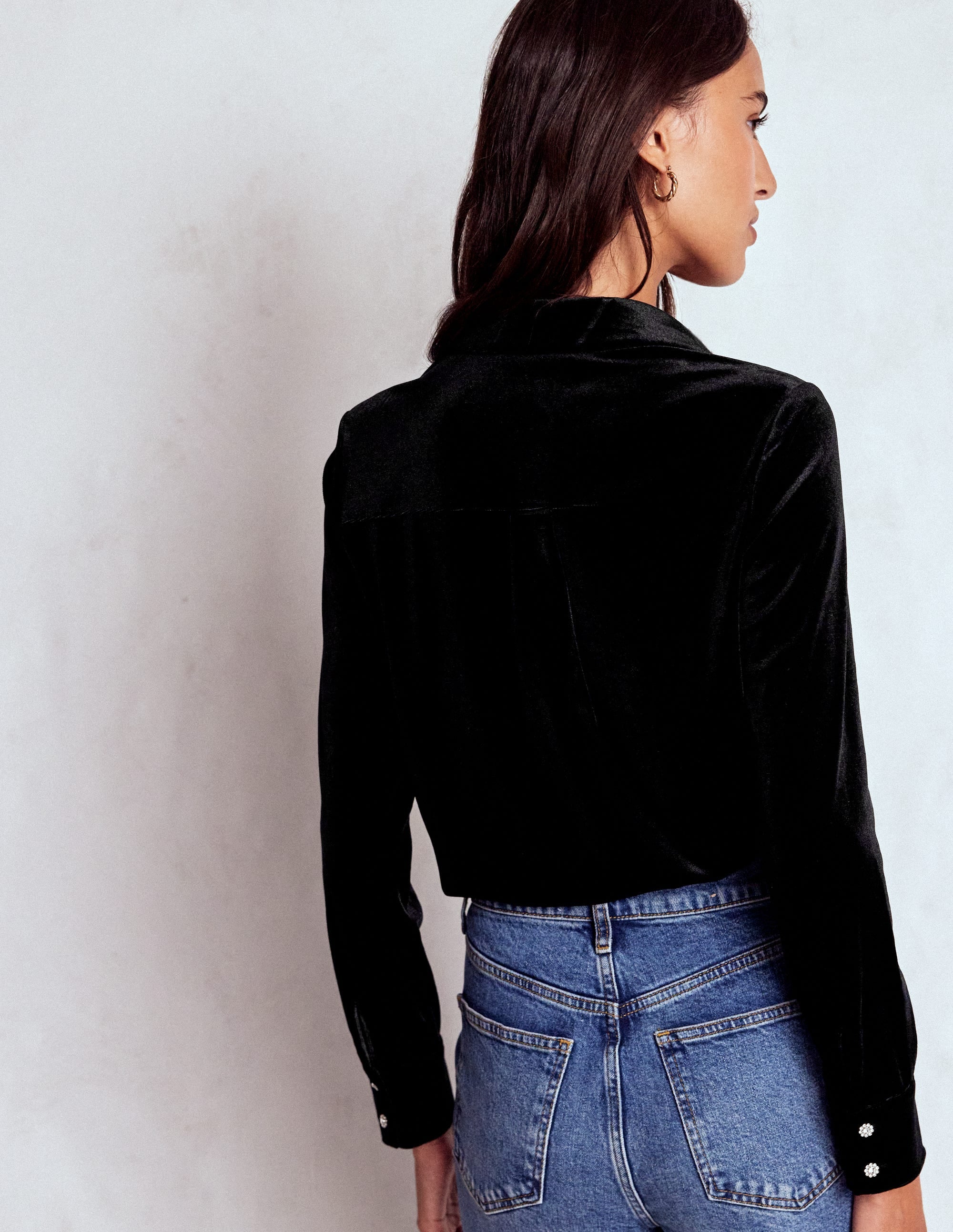 Jewel Button Velvet Shirt-Black - Image 3