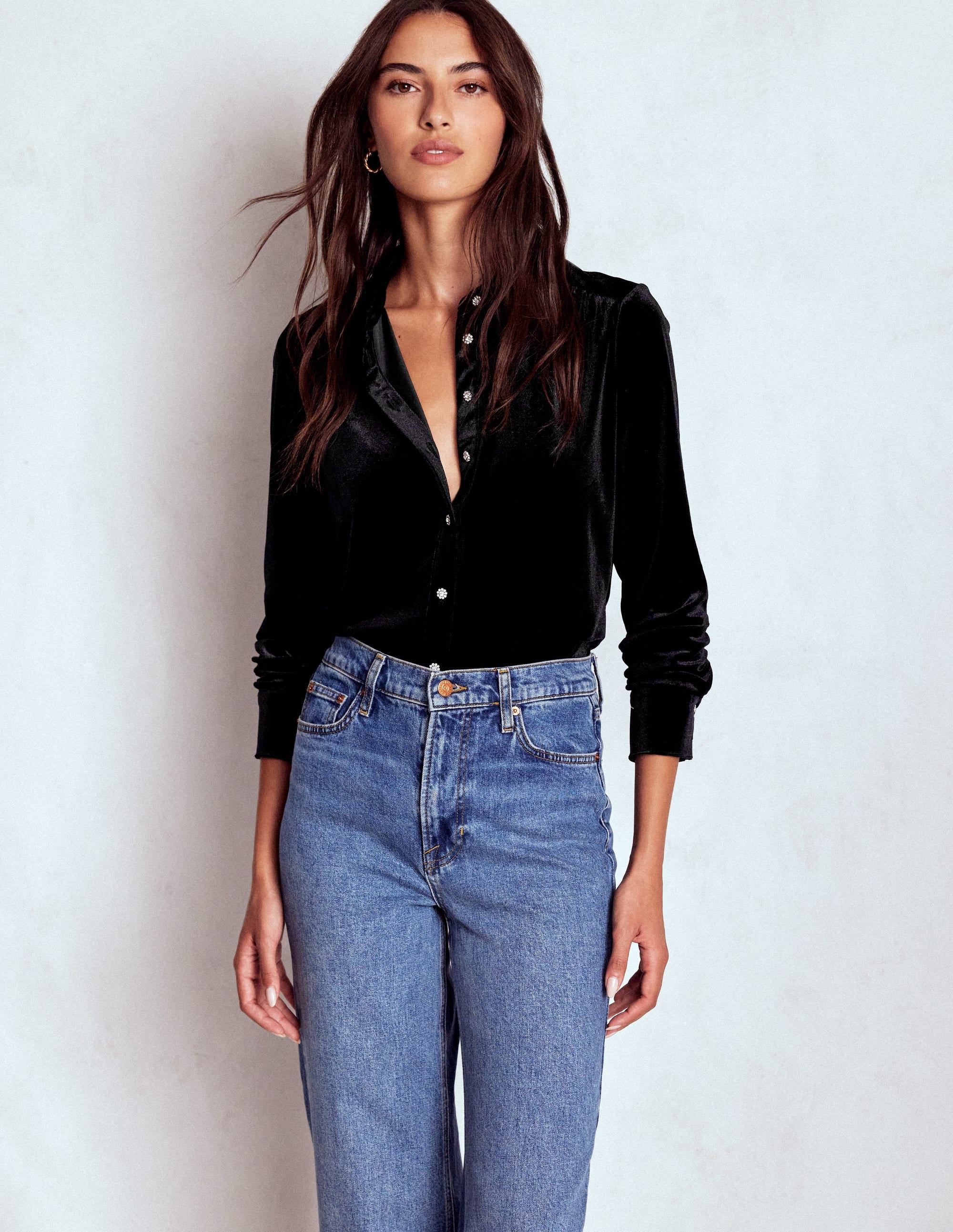Jewel Button Velvet Shirt-Black - Image 4
