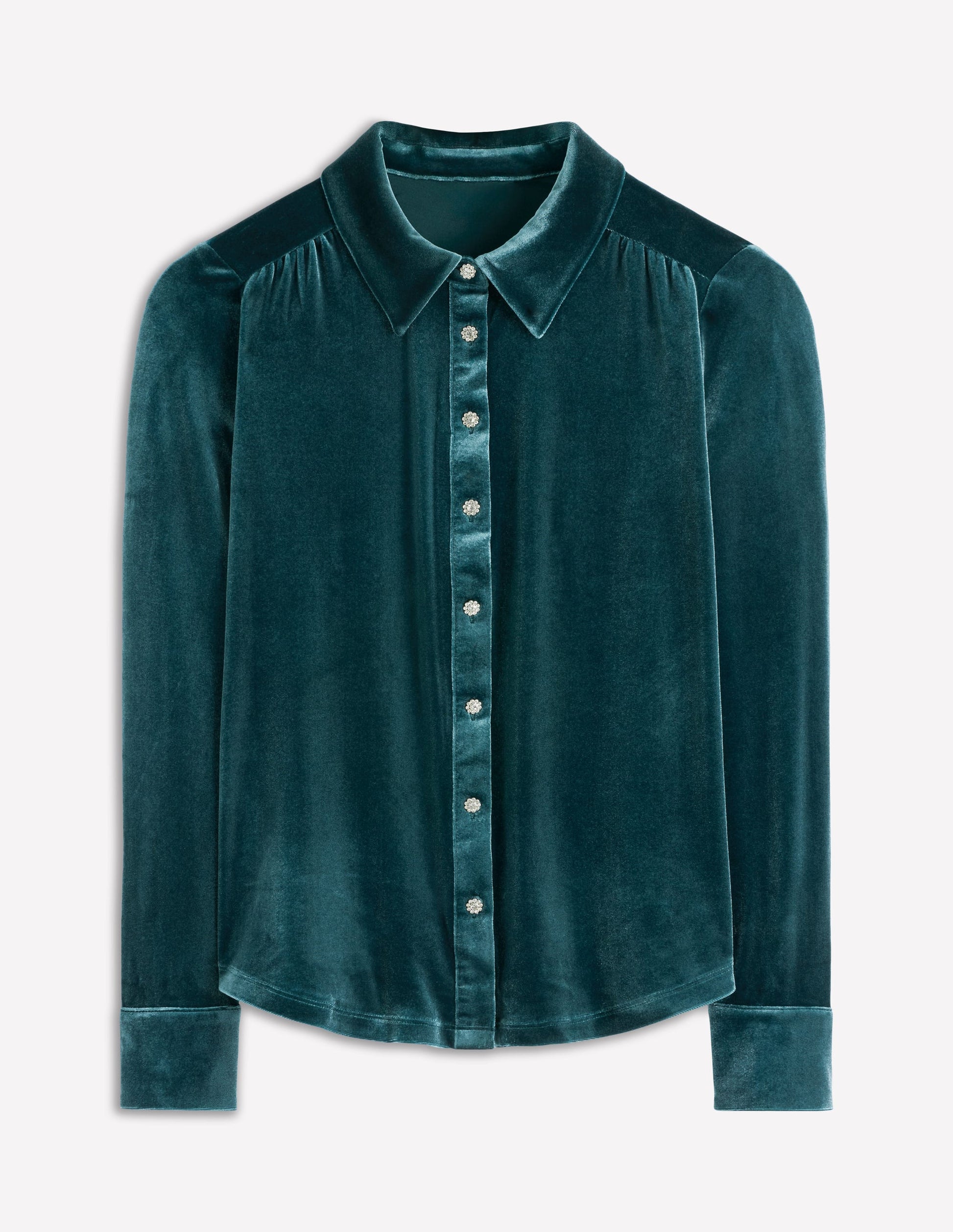 Jewel Button Velvet Shirt-Midnight Teal-5