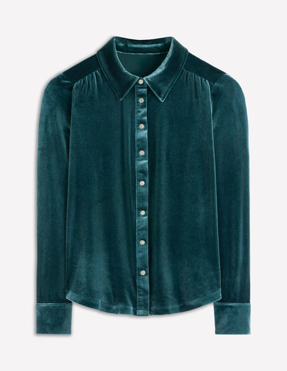 Jewel Button Velvet Shirt-Midnight Teal-5