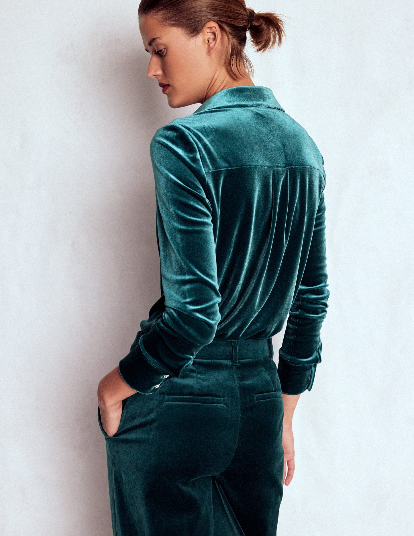 Jewel Button Velvet Shirt-Midnight Teal