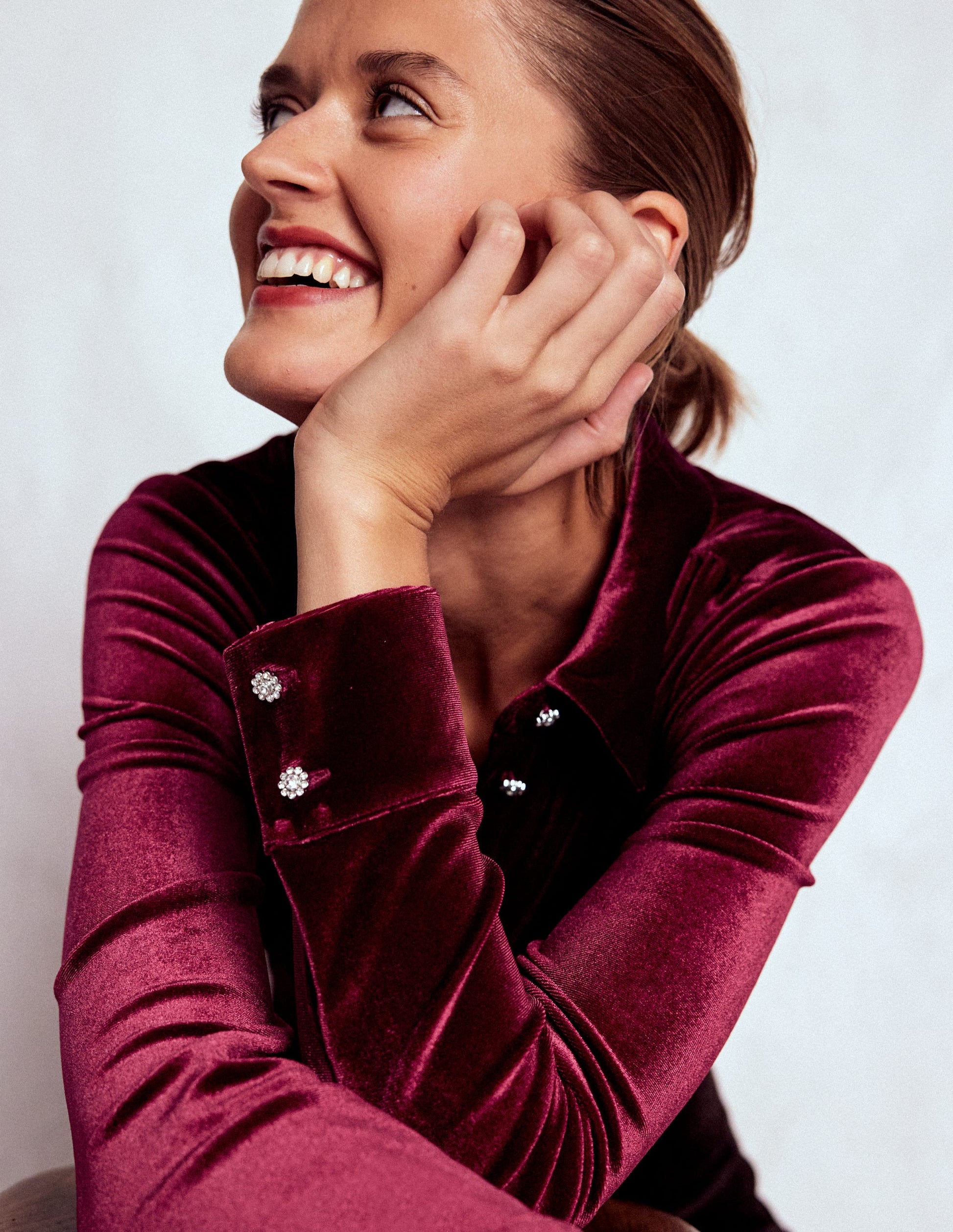 Jewel Button Velvet Shirt-Ruby Red-1