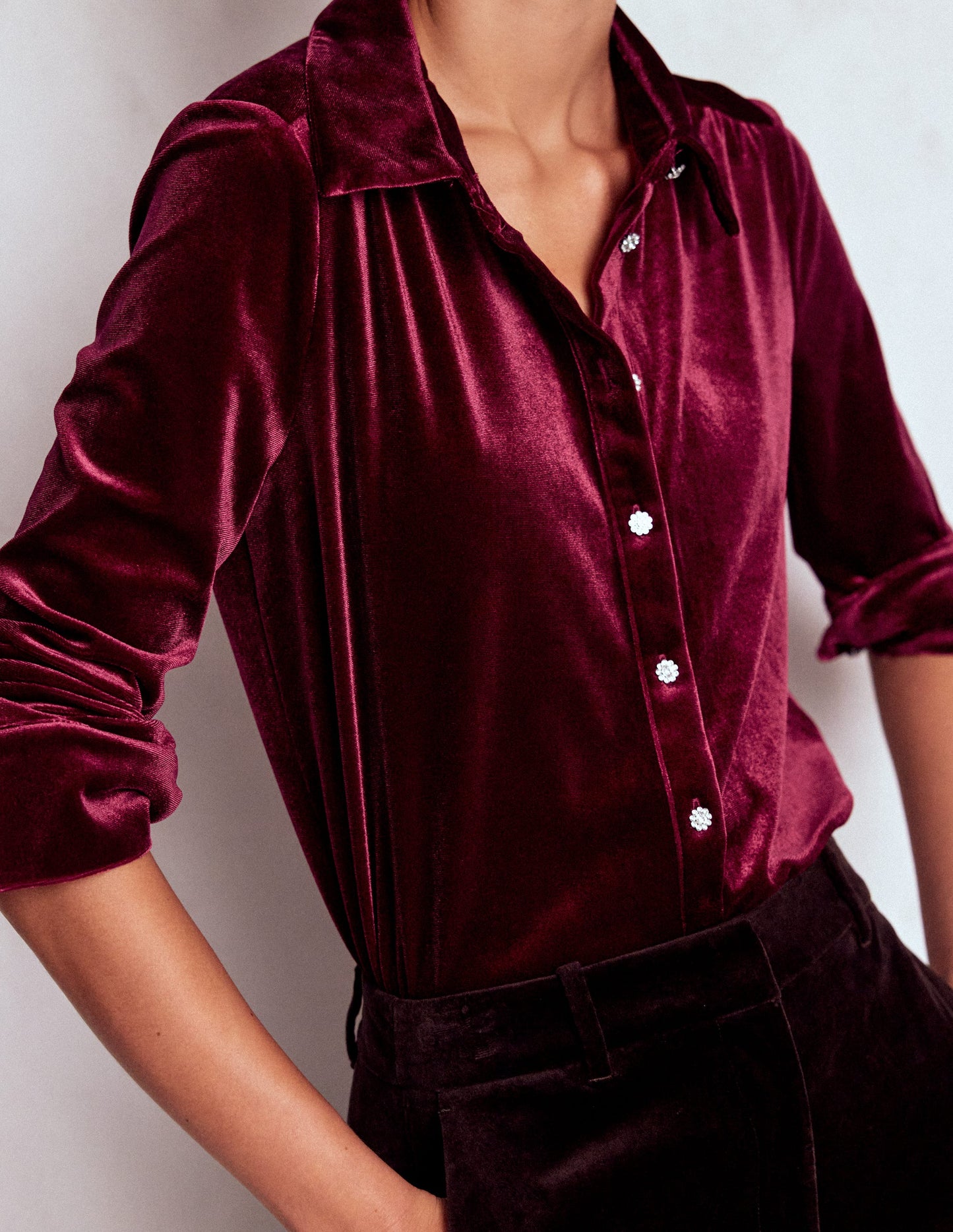 Jewel Button Velvet Shirt-Ruby Red