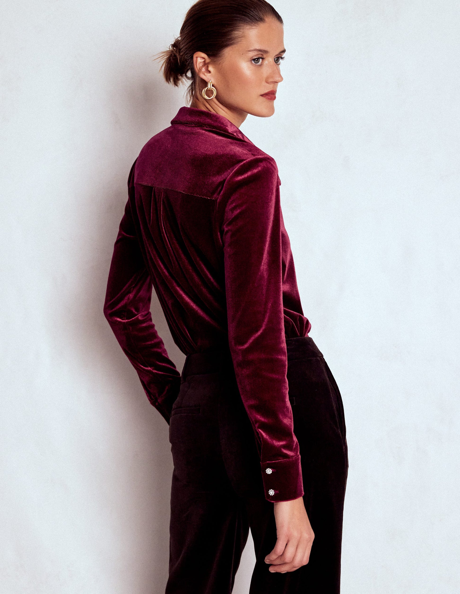 Jewel Button Velvet Shirt-Ruby Red-3