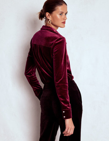 Jewel Button Velvet Shirt-Ruby Red-3