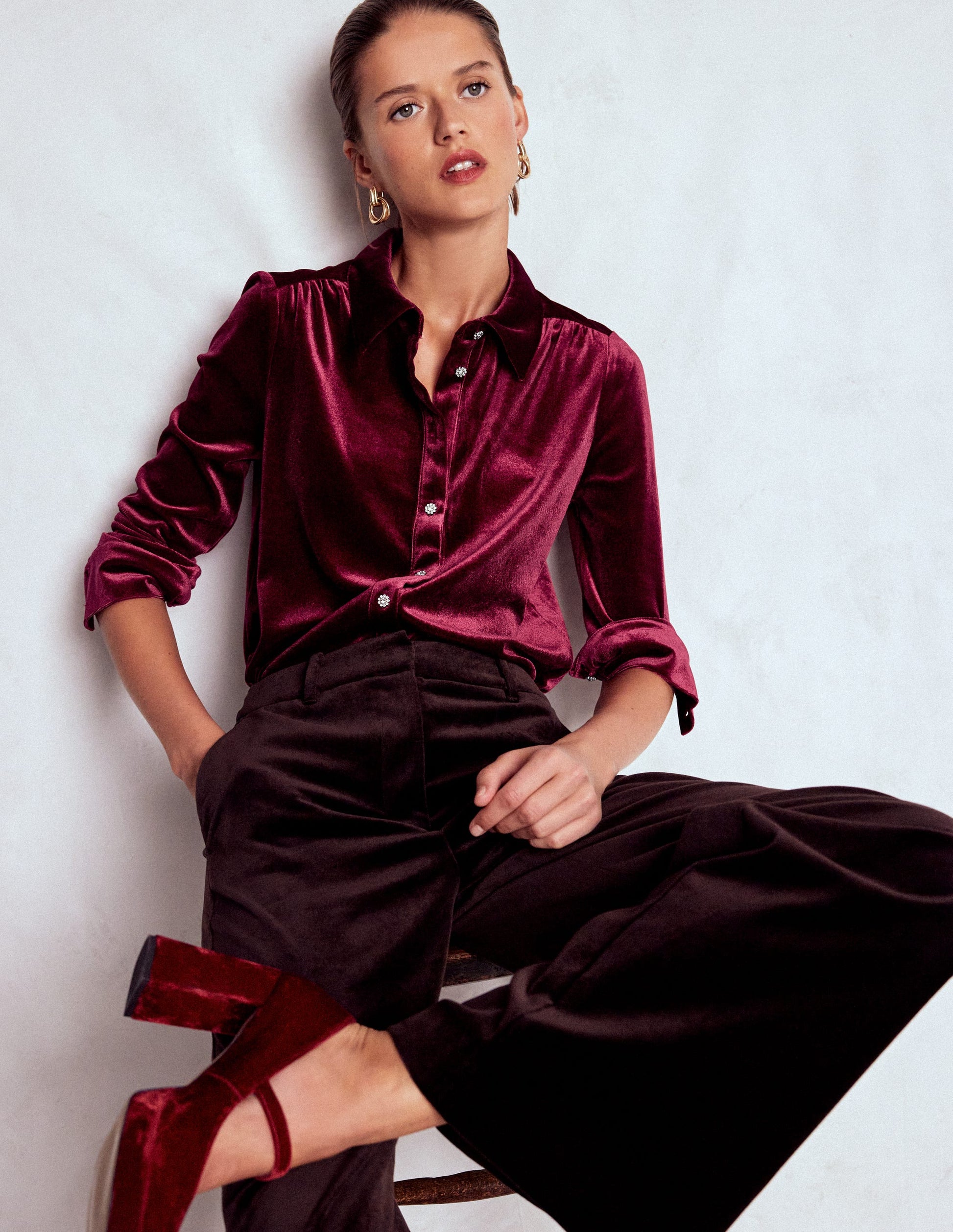 Jewel Button Velvet Shirt-Ruby Red-4