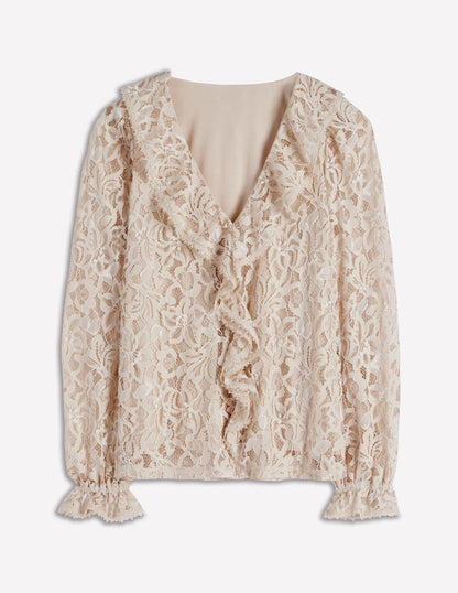 Ruffle Detail Lace Blouse-Ivory-6