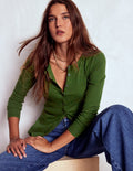 Evie Button Through Ribbed Top-Green Fir