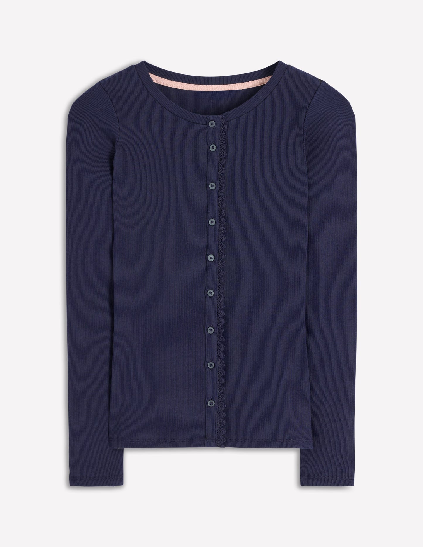 Evie Button Through Ribbed Top-Navy