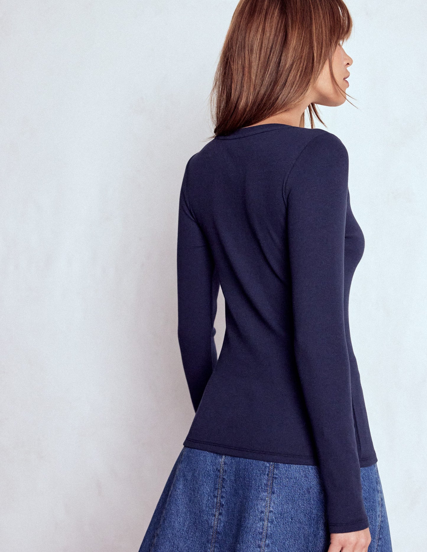 Evie Button Through Ribbed Top-Navy