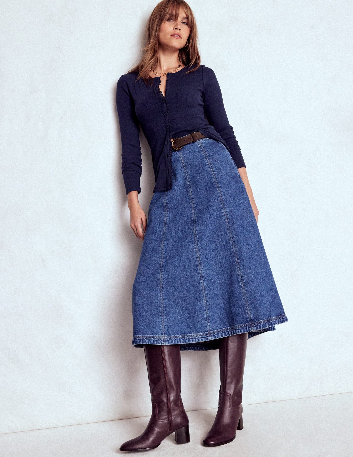 Evie Button Through Ribbed Top-Navy