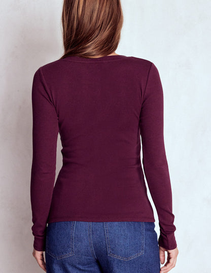 Evie Button Through Ribbed Top-Bordeaux-3