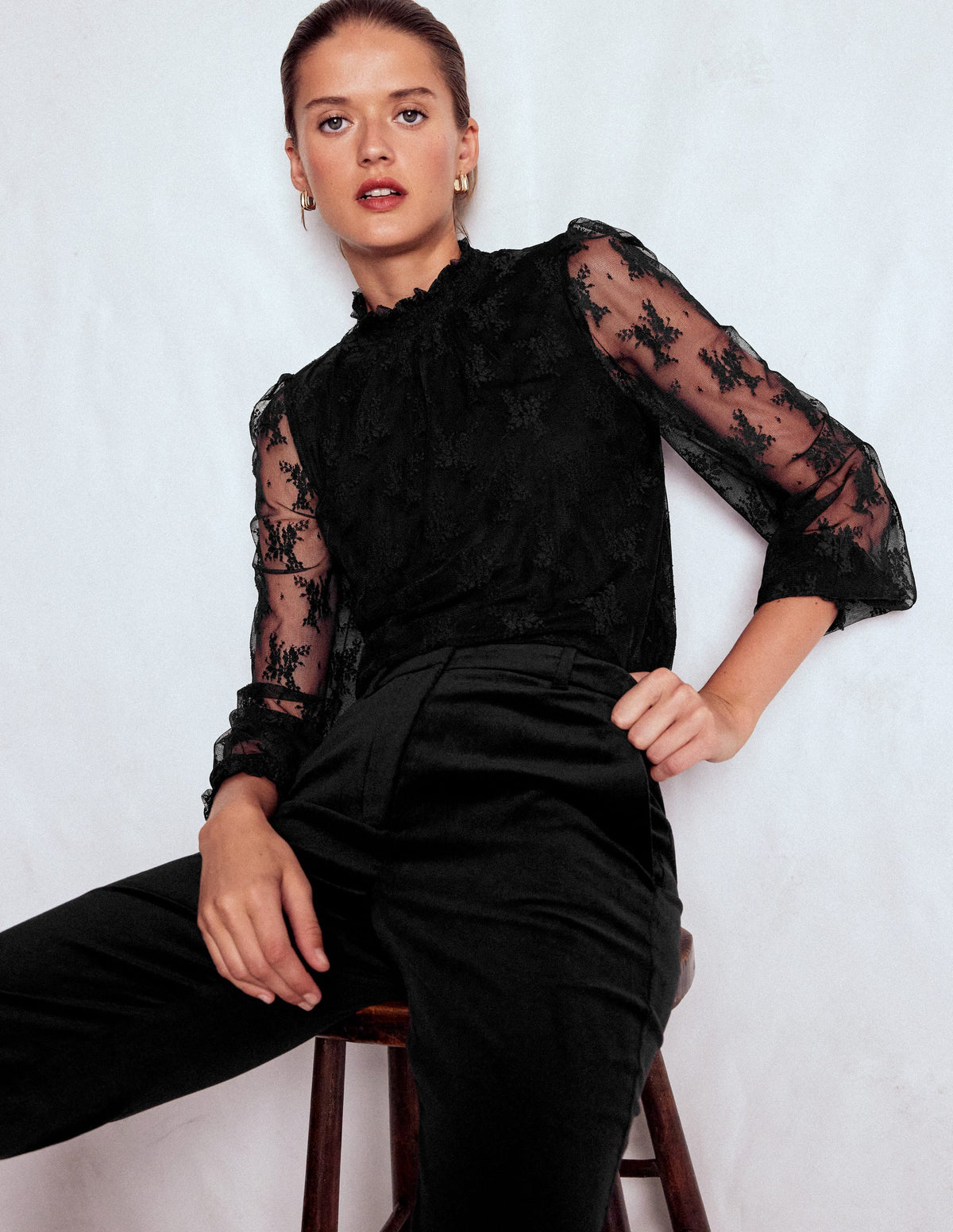 Smock Neck Tulle Top-Black - Image 1