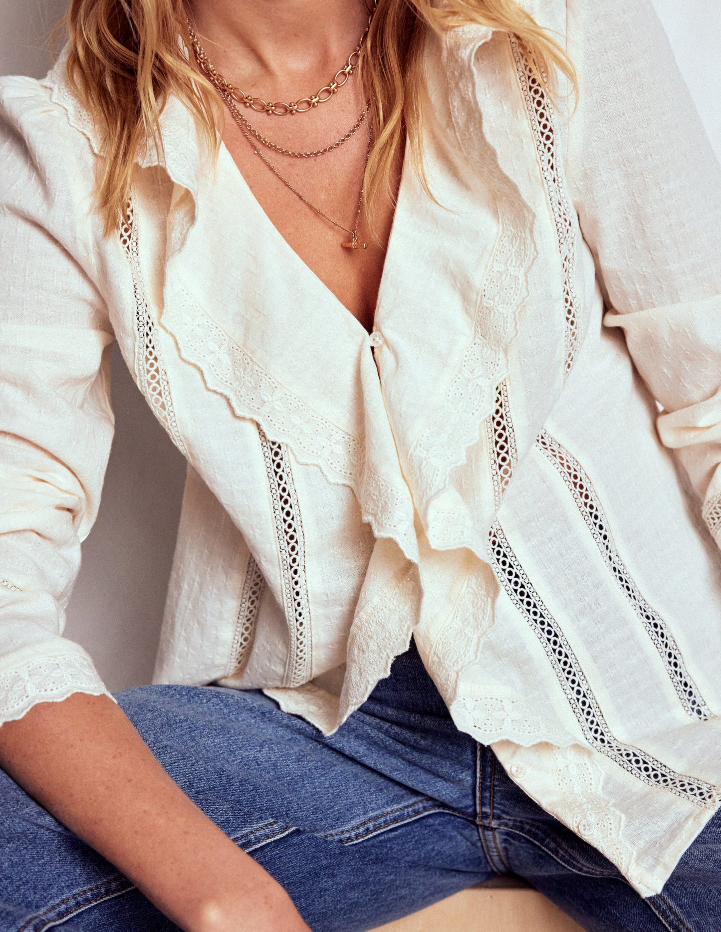 Ruffle Embroidered Blouse-Warm Ivory