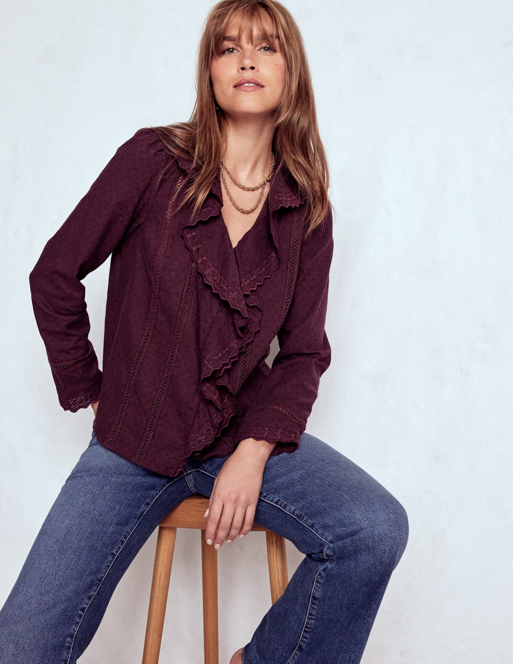 Ruffle Embroidered Blouse-Dark Cherry-1
