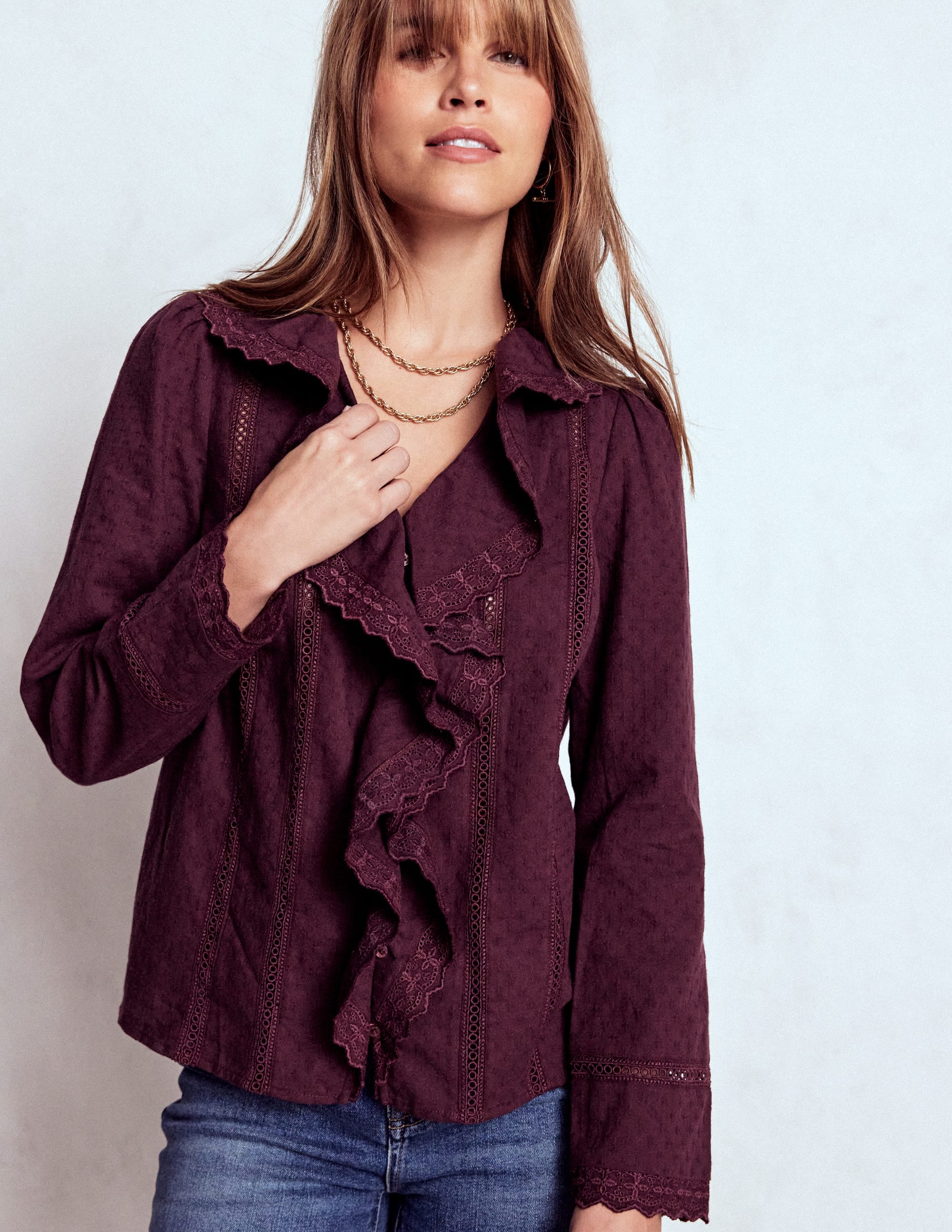 Ruffle Embroidered Blouse-Dark Cherry - Image 4