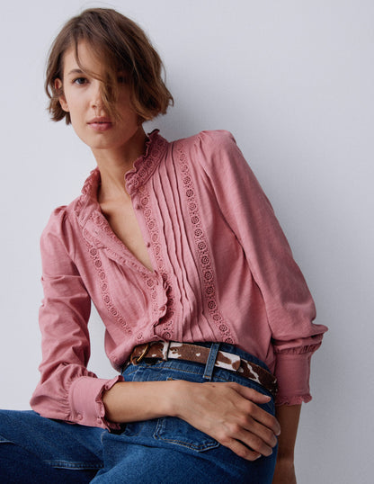 Lace Detail Jersey Shirt-Vintage Rose-5