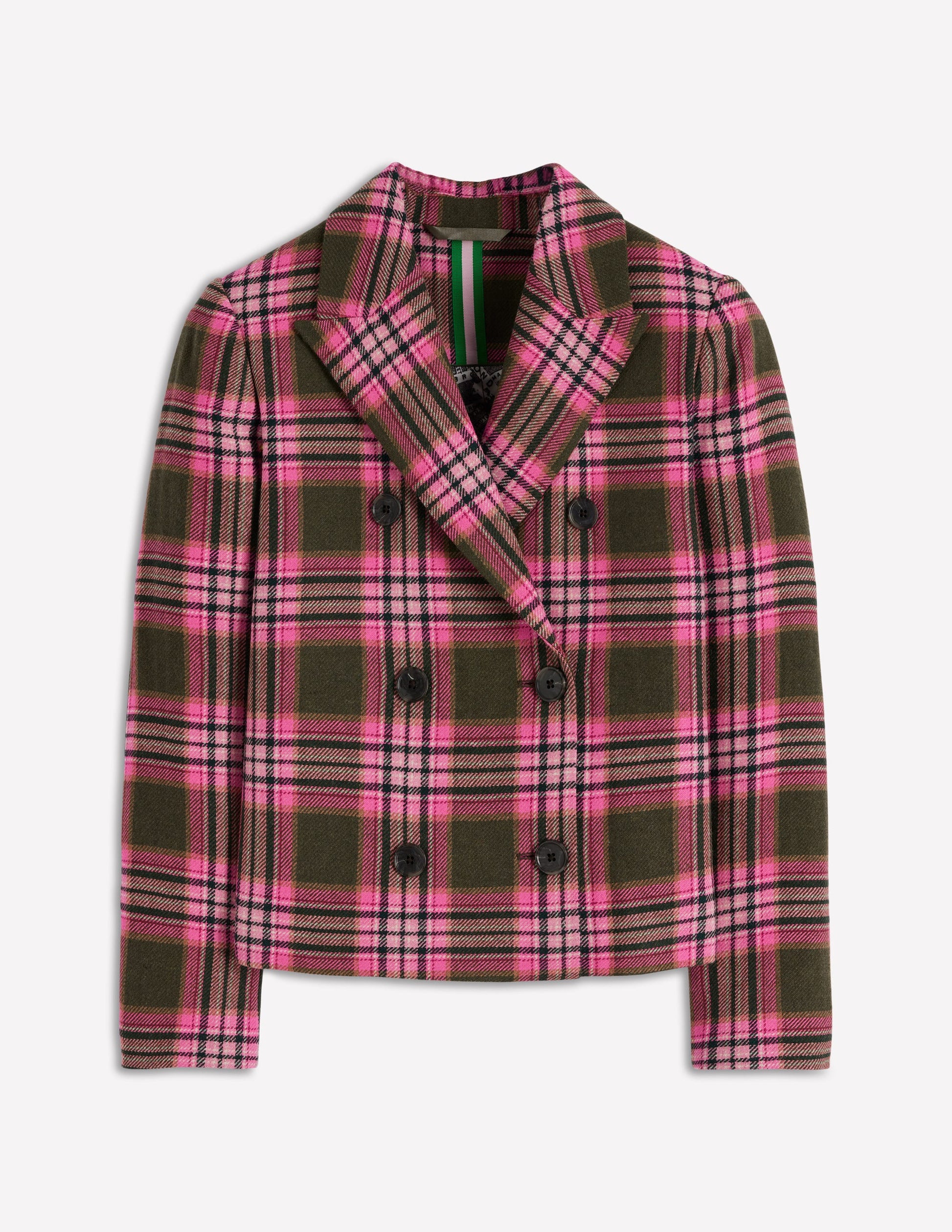 Boxy Double Breasted Blazer-Olive Green and Pink Check-8
