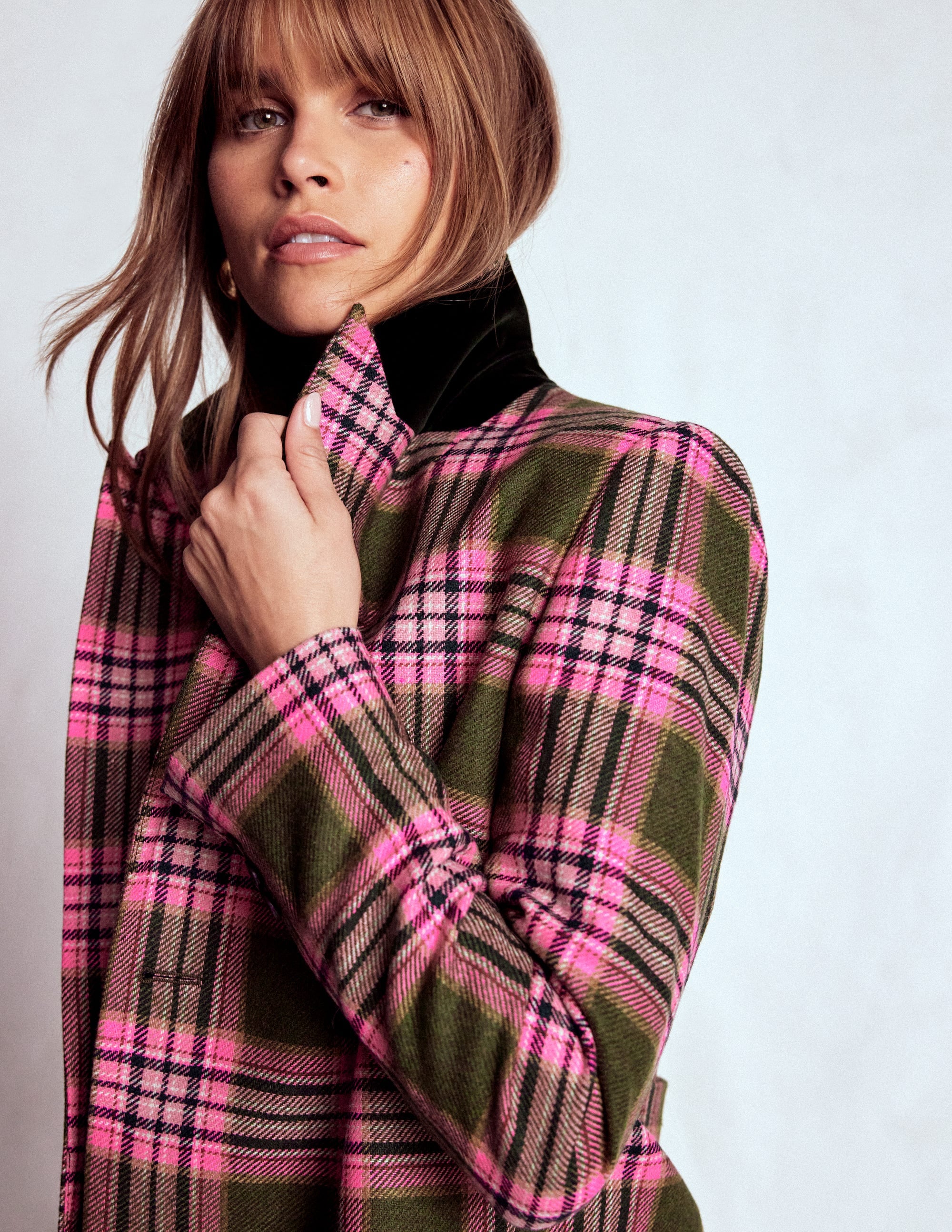 Boxy Double Breasted Blazer-Olive Green and Pink Check - Image 1