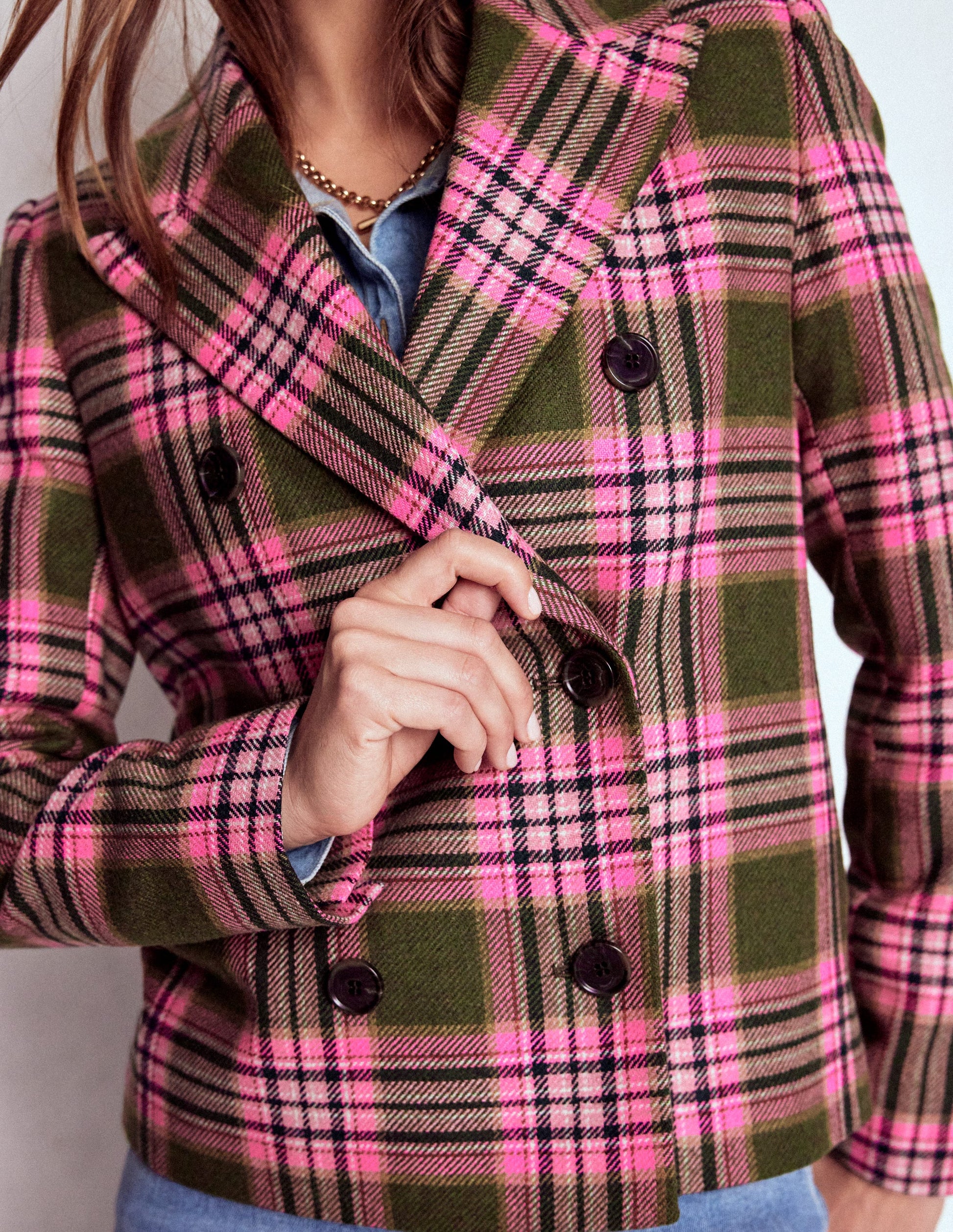 Boxy Double Breasted Blazer-Olive Green and Pink Check-2