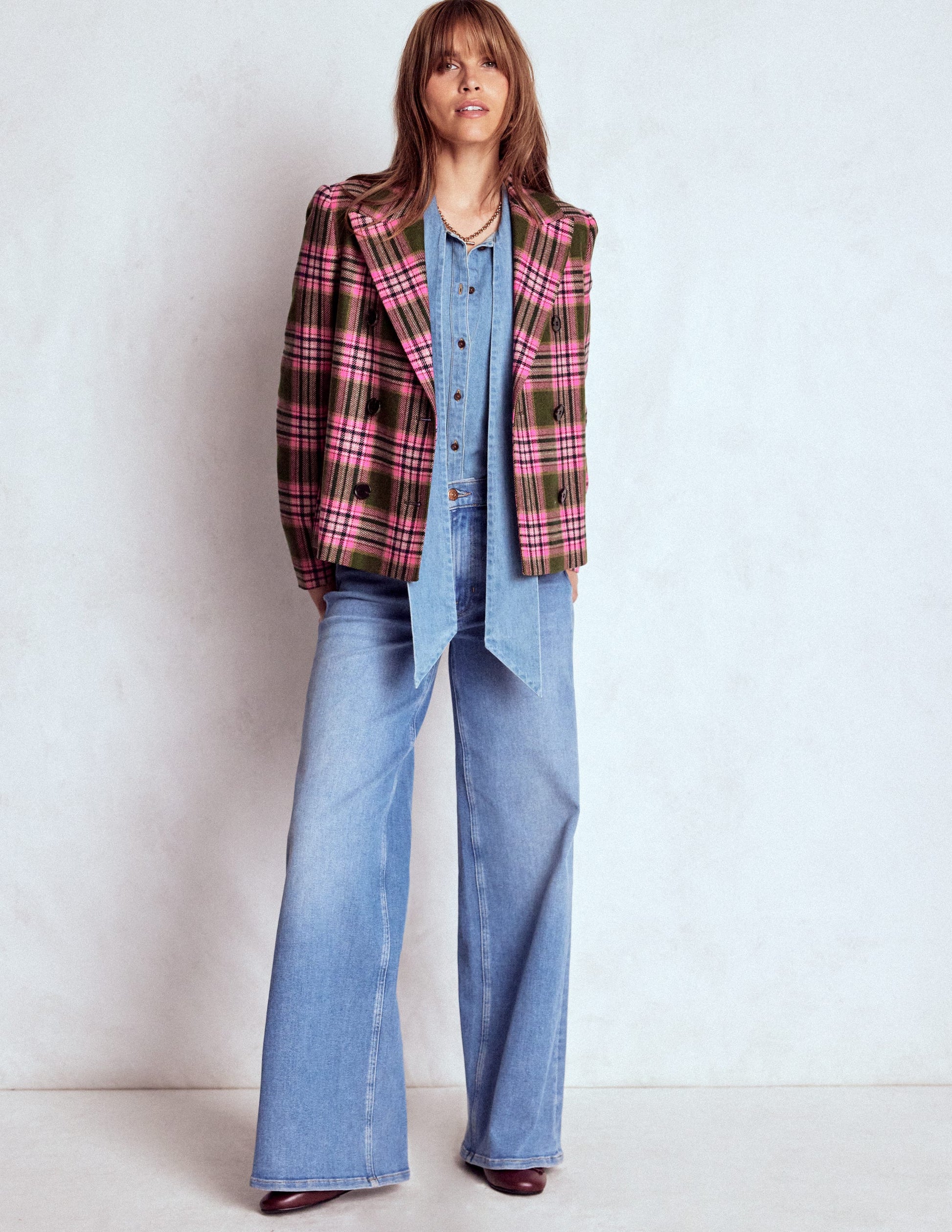 Boxy Double Breasted Blazer-Olive Green and Pink Check-4