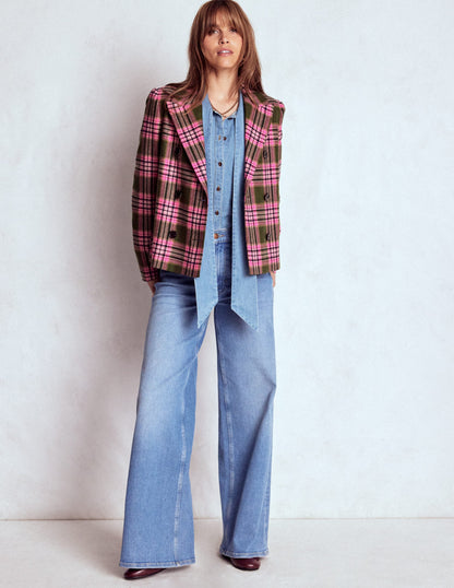 Boxy Double Breasted Blazer-Olive Green and Pink Check-4