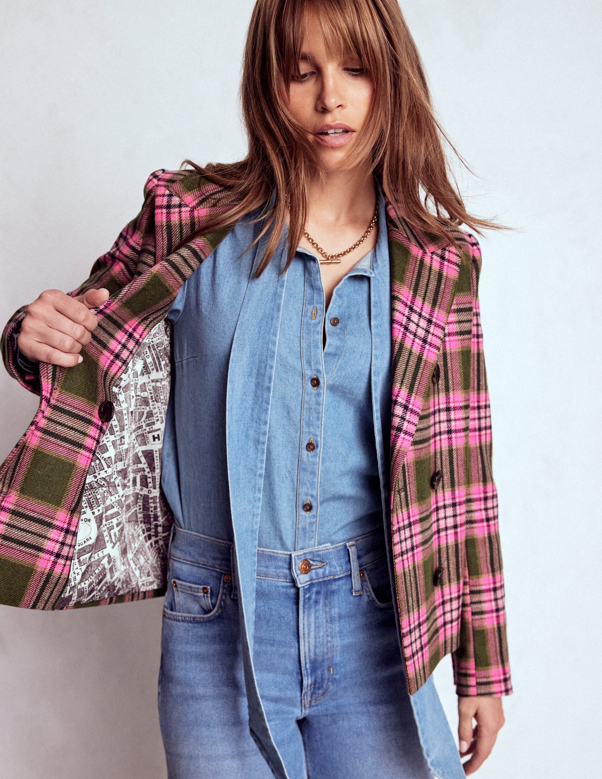 Boxy Double Breasted Blazer-Olive Green and Pink Check - Image 5