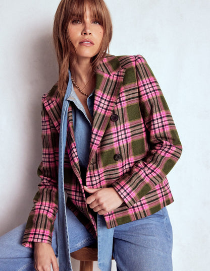 Boxy Double Breasted Blazer-Olive Green and Pink Check-6