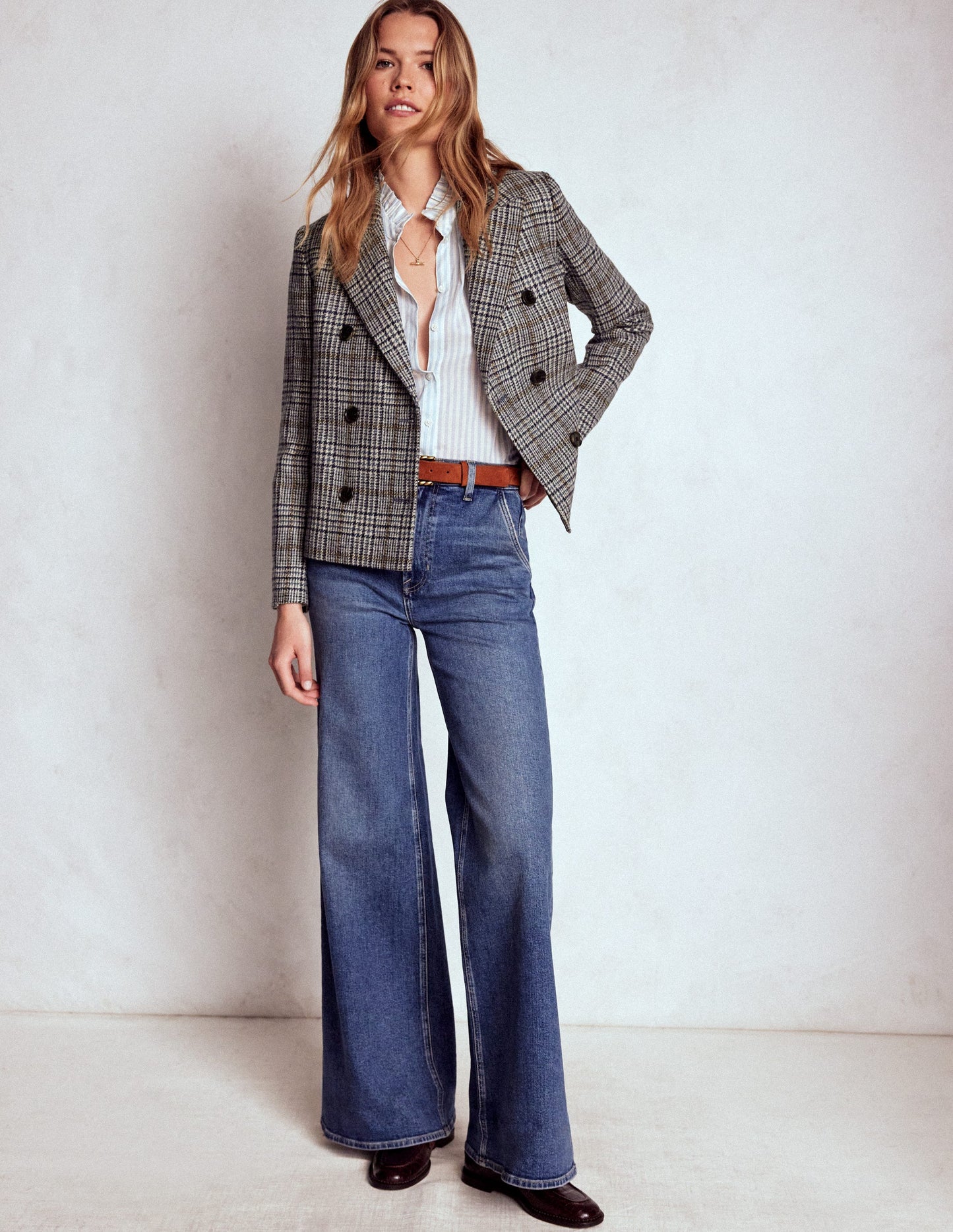 Boxy Double Breasted Blazer-Blue and Grey Prince of Wales