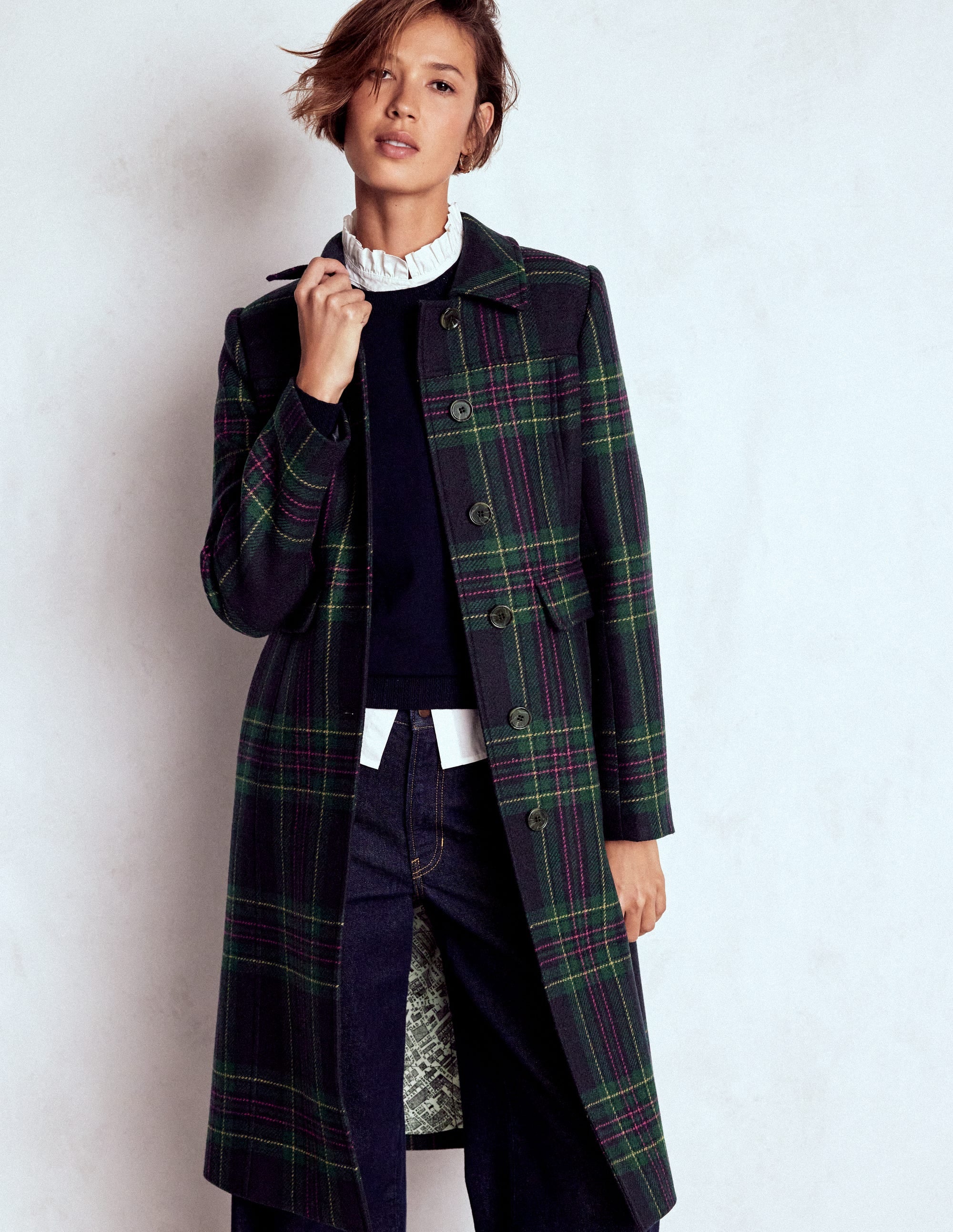 St Albans Fitted Coat-Navy & Green Tonal Check - Image 1