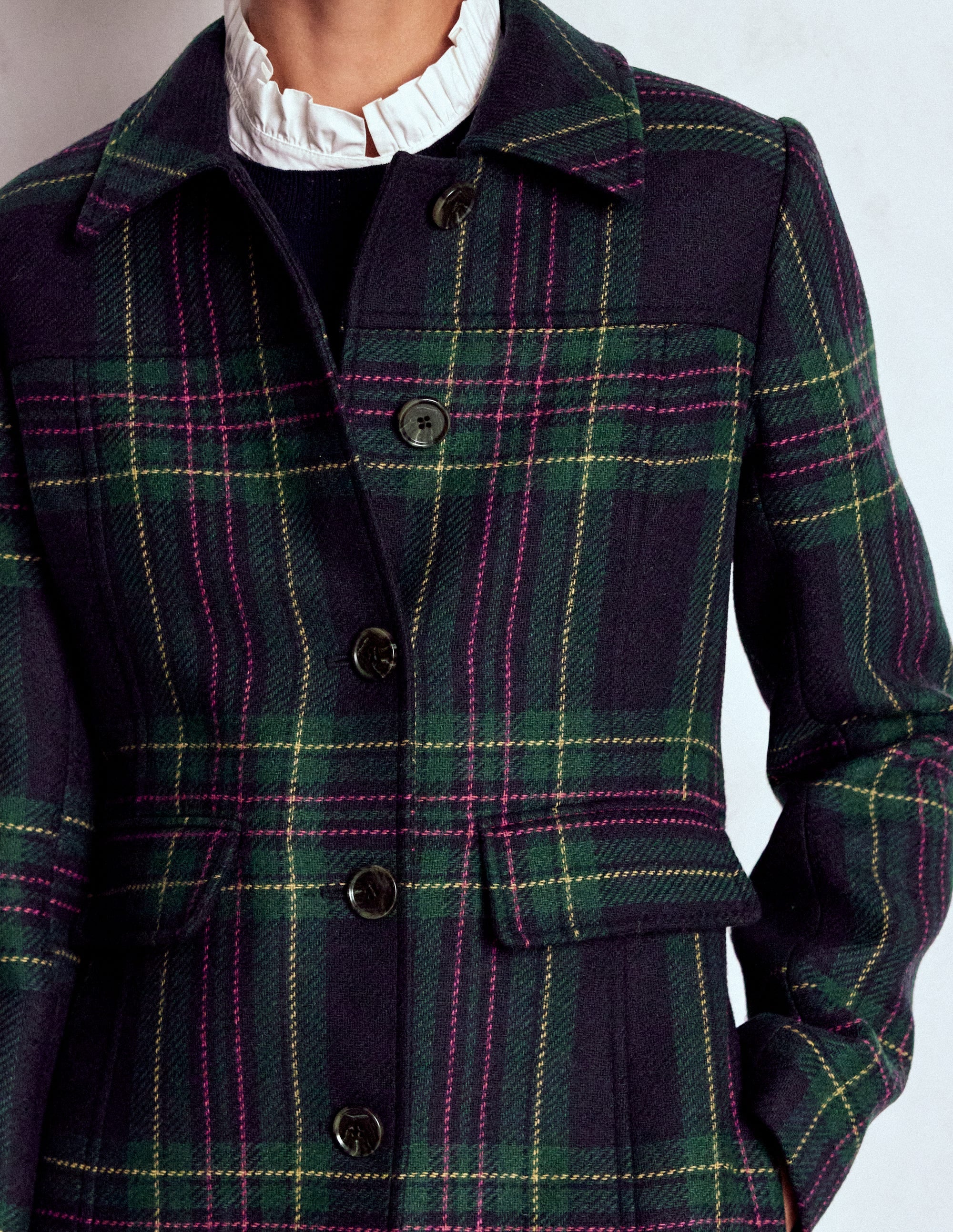 St Albans Fitted Coat-Navy & Green Tonal Check - Image 2
