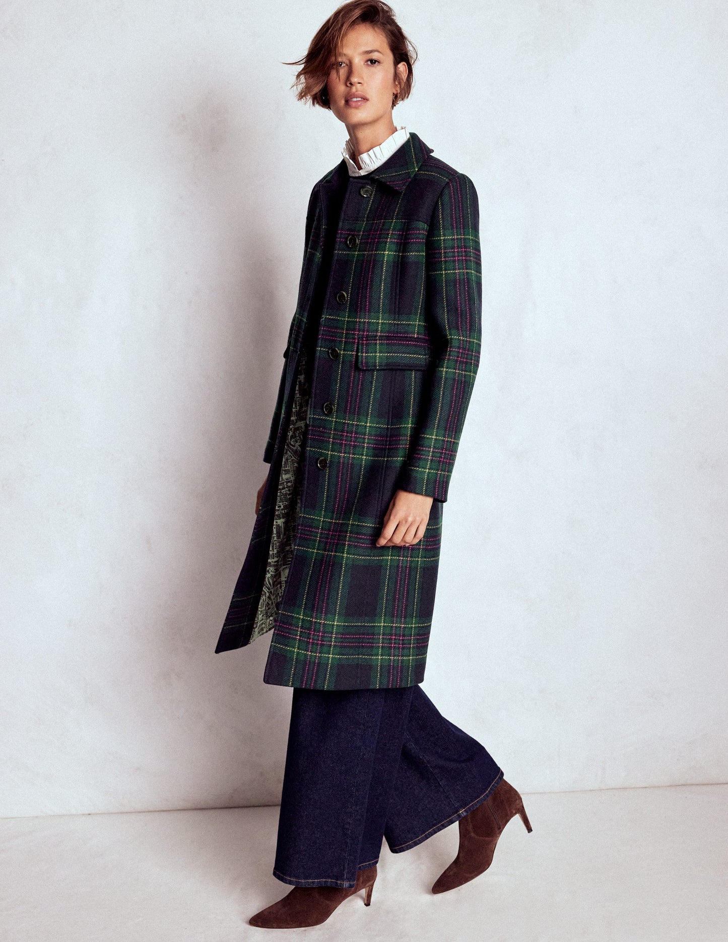 St Albans Fitted Coat-Navy & Green Tonal Check