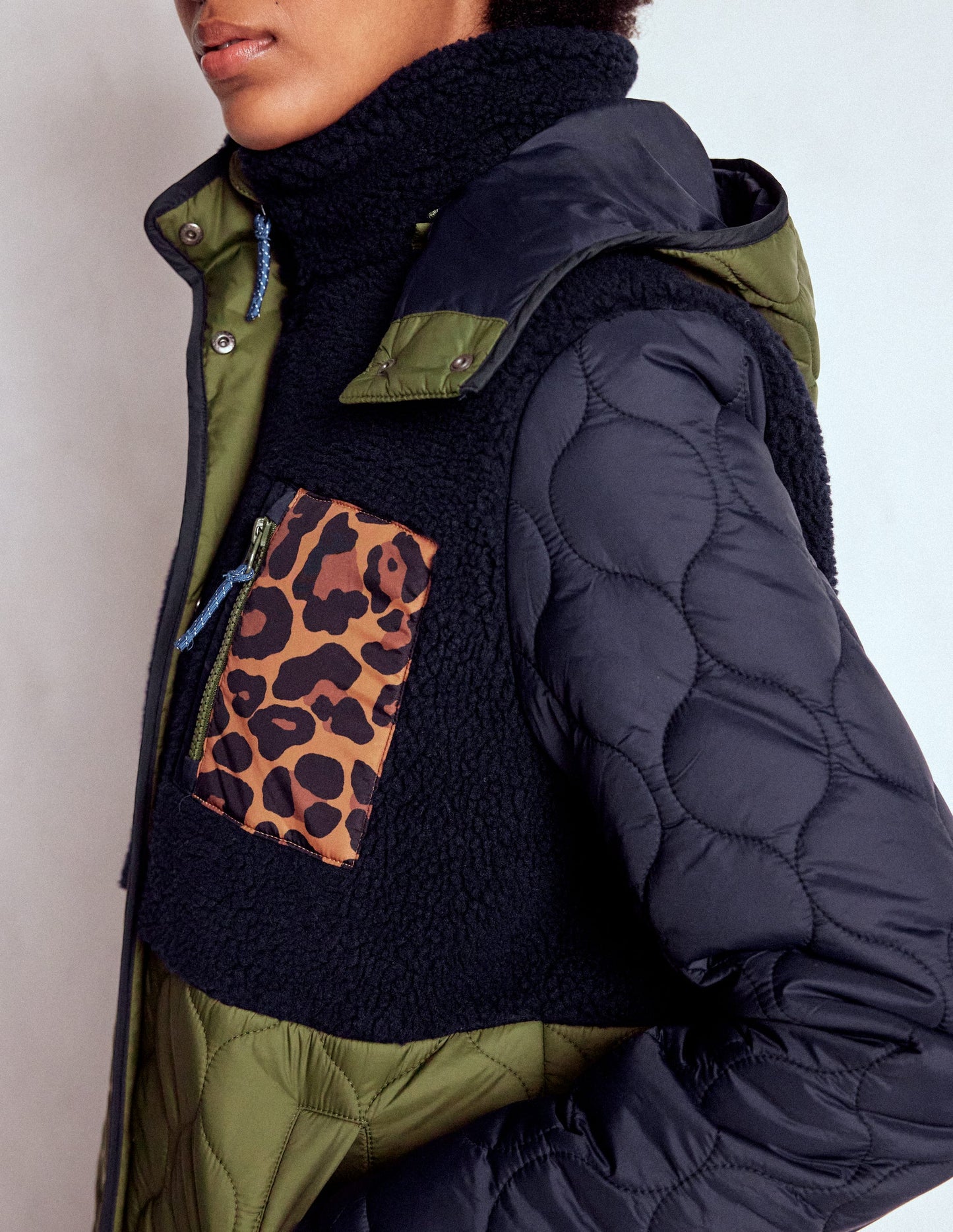 Borg Mix Coat-Navy & Khaki Mix