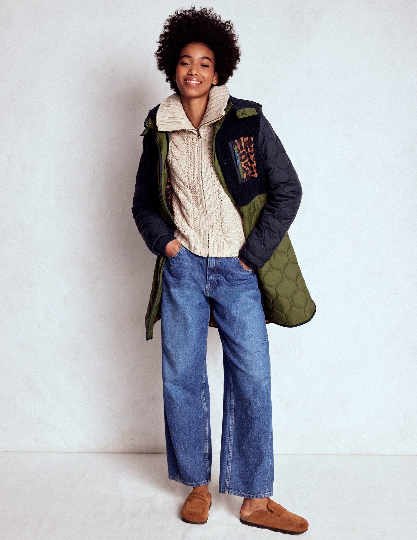 Borg Mix Coat-Navy & Khaki Mix