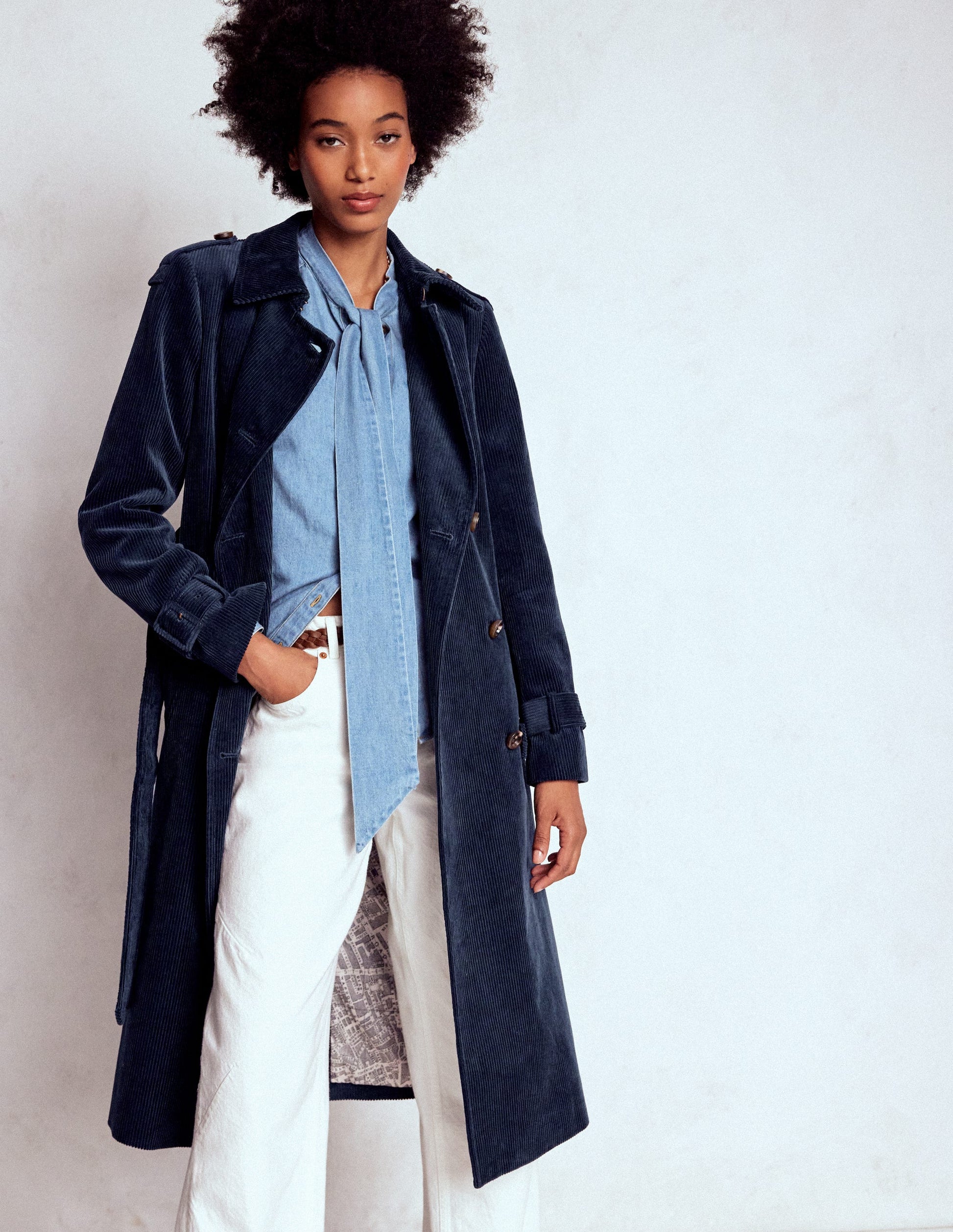 Cheltenham Cord Trench Coat-Navy Boden UK