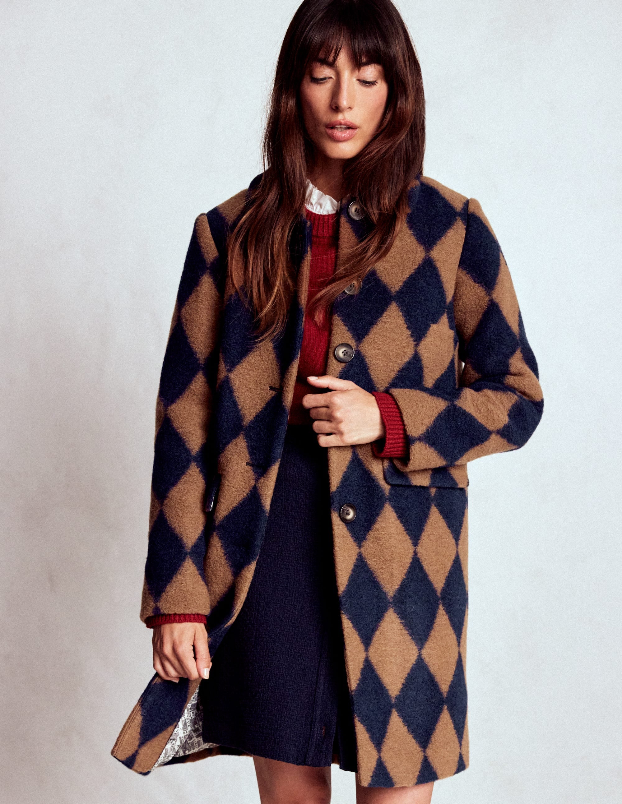 Edinburgh Swing Coat-Camel and Navy Argyle - Image 1