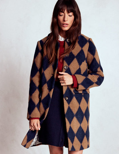 Edinburgh Swing Coat-Camel and Navy Argyle-1