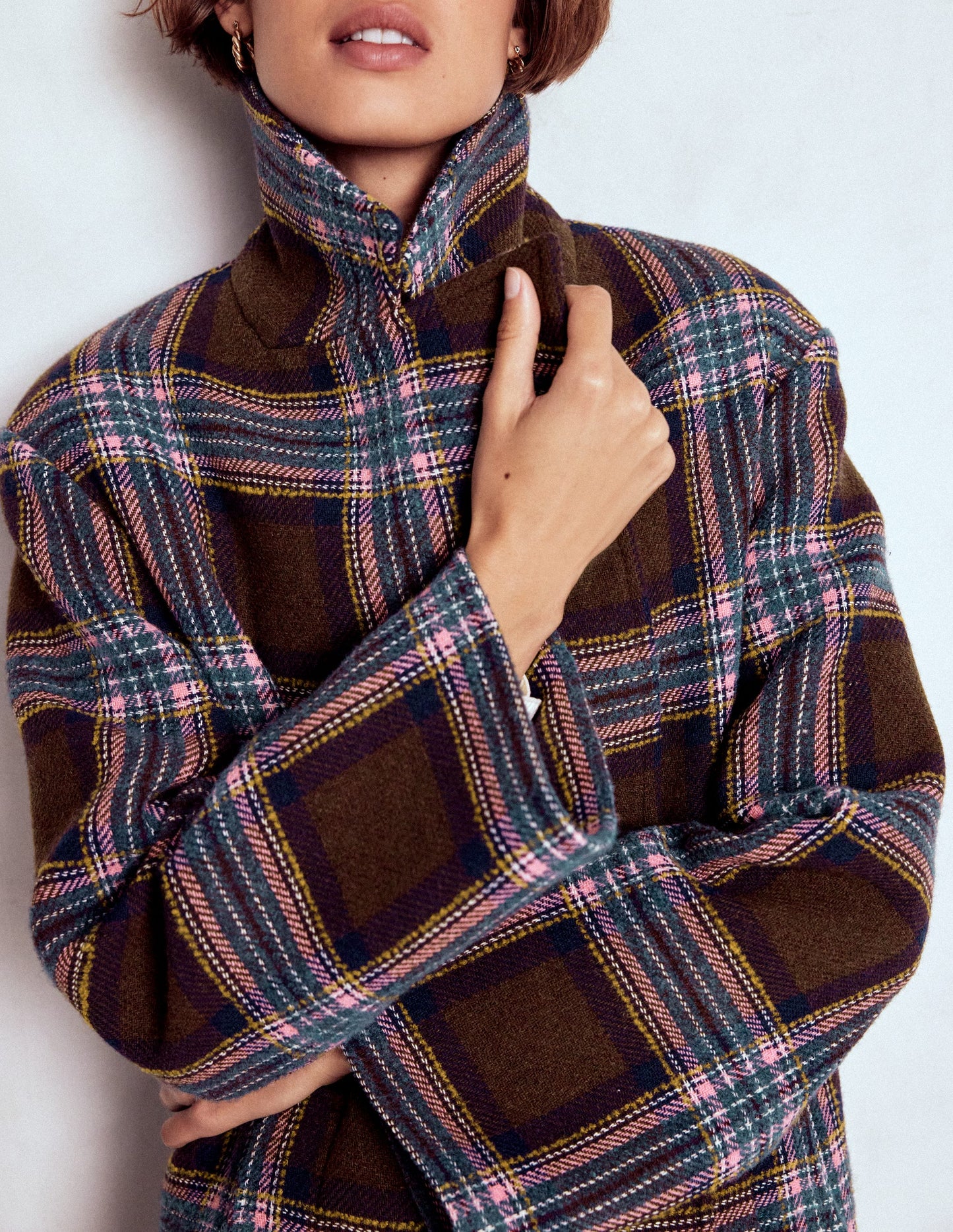 Cocoon Wool Coat-Brown, Teal and Pink Check