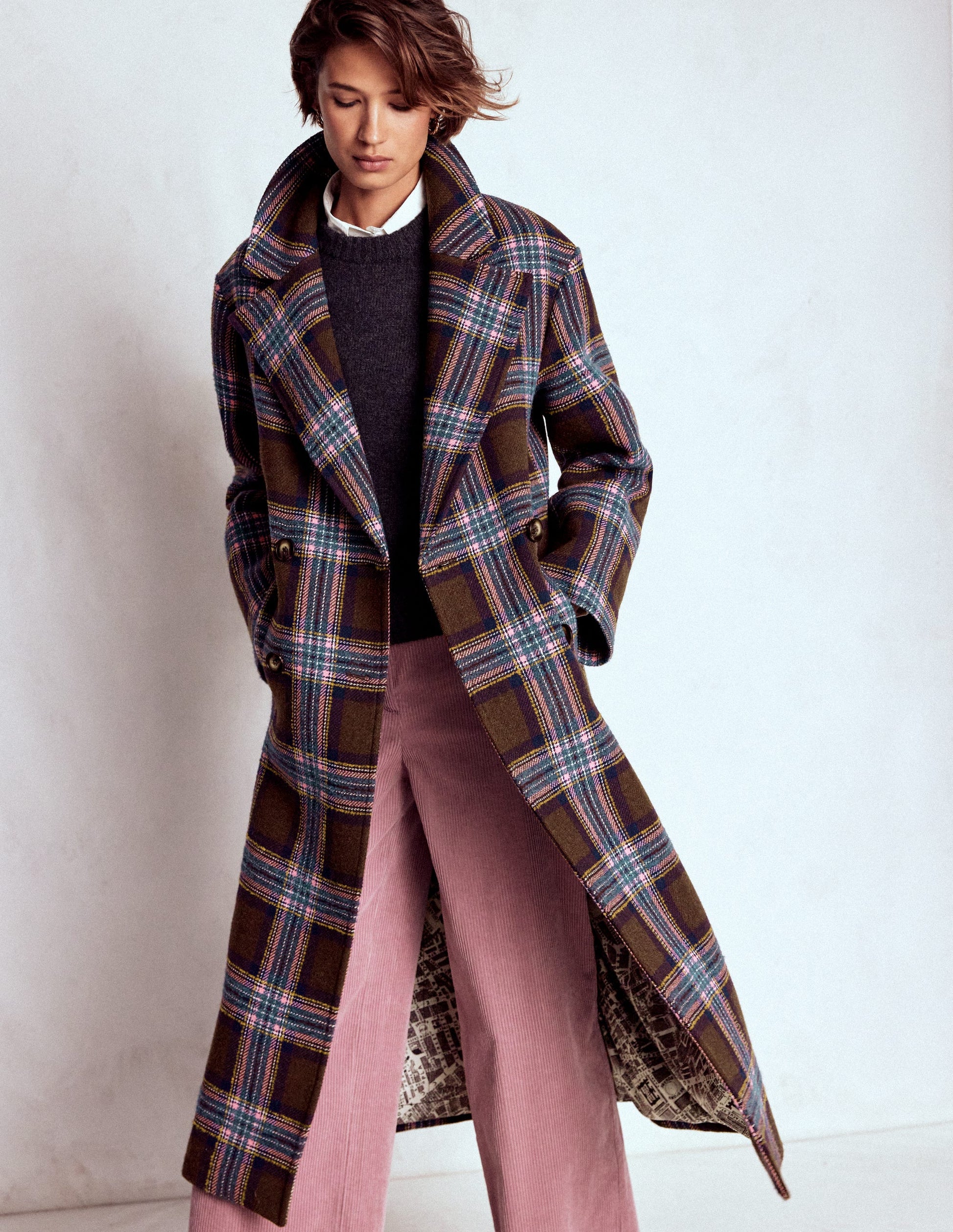 Cocoon Wool Coat-Brown, Teal and Pink Check-5