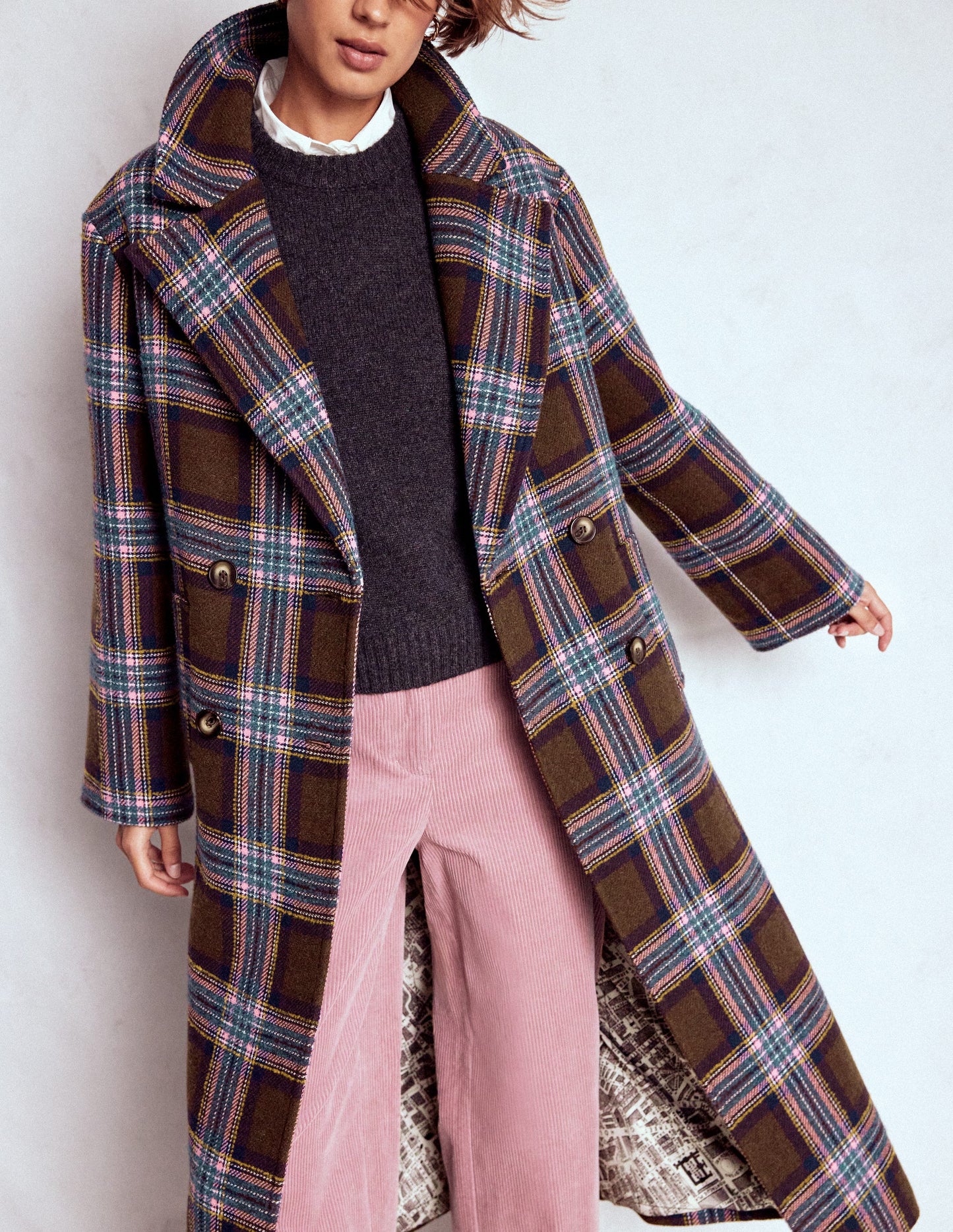 Cocoon Wool Coat-Brown, Teal and Pink Check