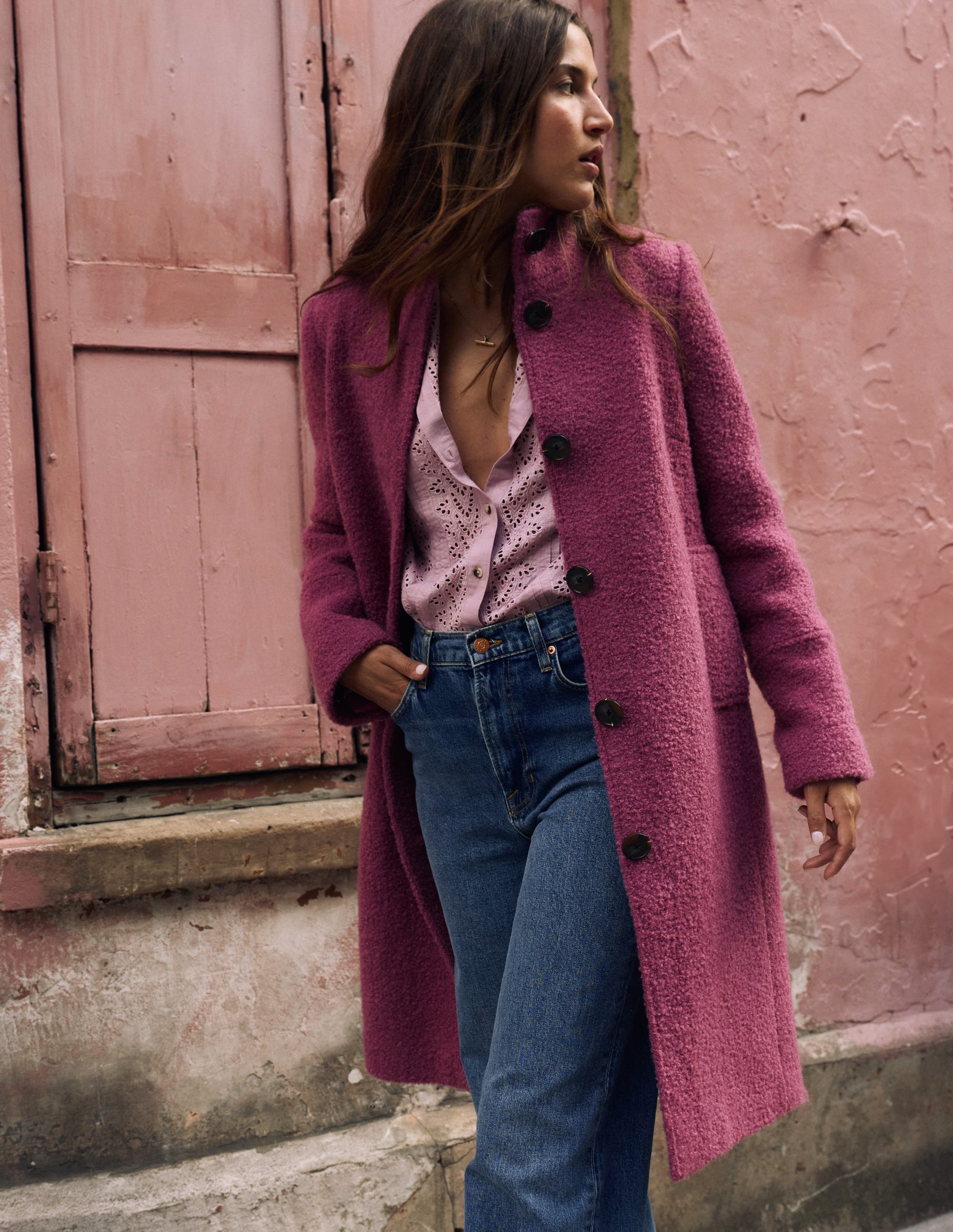Funnel Neck Wool Coat-Pink Heather - Image 6